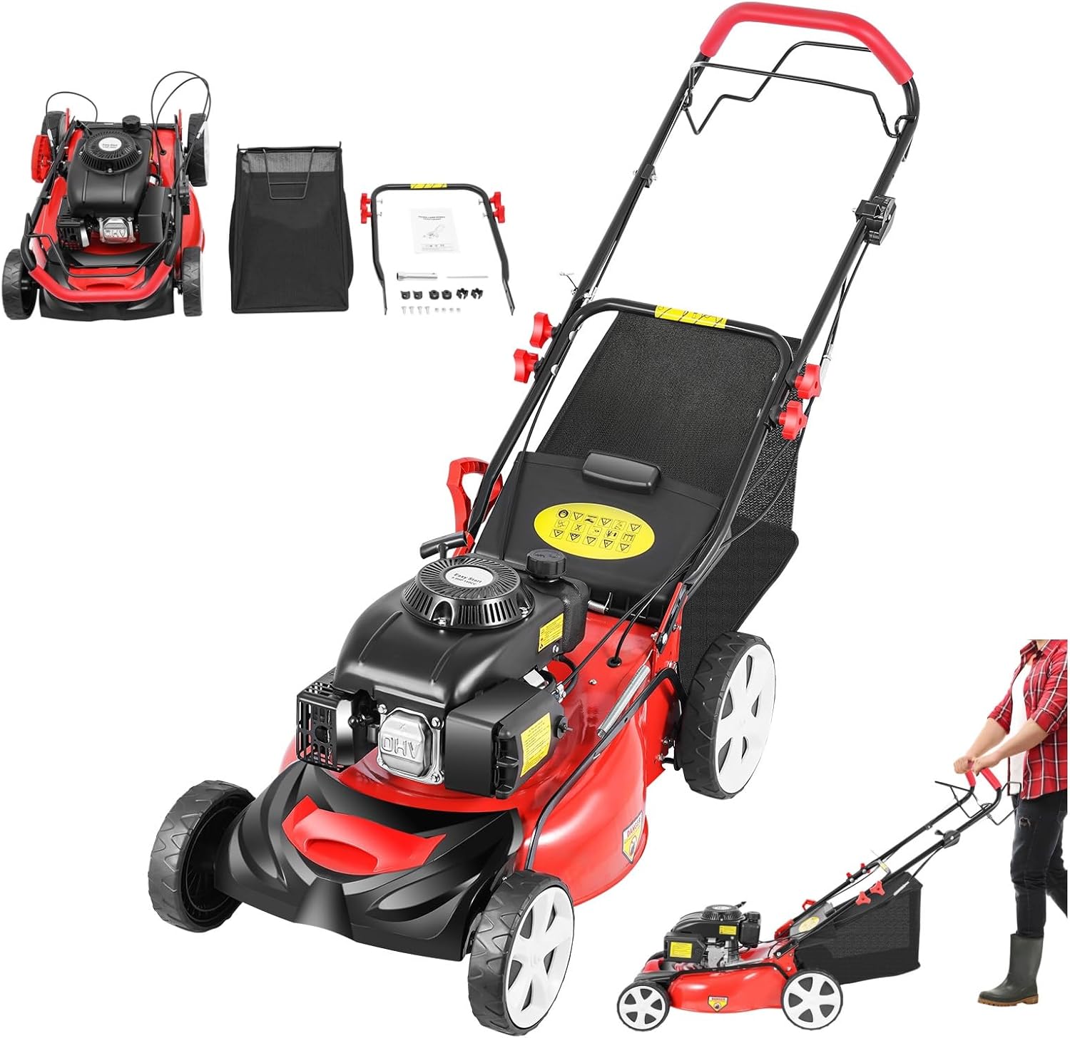 Gas Powered Lawn Mower, 4-Stroke Engine Self-Propelled Grass Cutter 20-inch 173CC Gas Mower 8-Position Height Adjustment Function Mowing Tool for Yards Lawn Planting Weeding