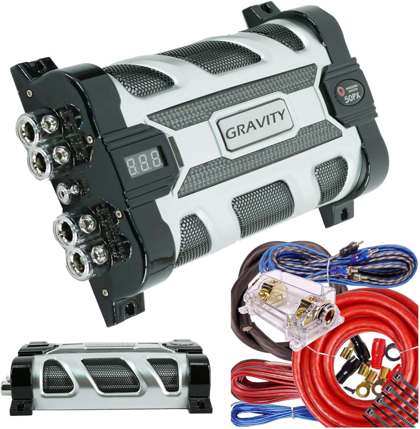 Gravity GR-50PX Car Audio Mobile Battery Stiffening Portable Power 50.0 Farad Capacitor and Completed 5000 Watts Amplifier Installation Wiring kit 0 Gauge BGC0XLR Red