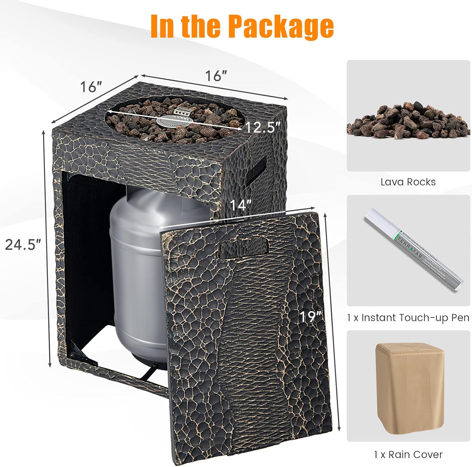 Tangkula 16 Inch Patio Propane Fire Pit, Patiojoy Electronic Ignition Square Gas Fireplaces with Protective Cover, 30,000 BTU Outdoor Fire Pit with Lava Rocks, Touch-up Pen for Backyard, Patio (Black)