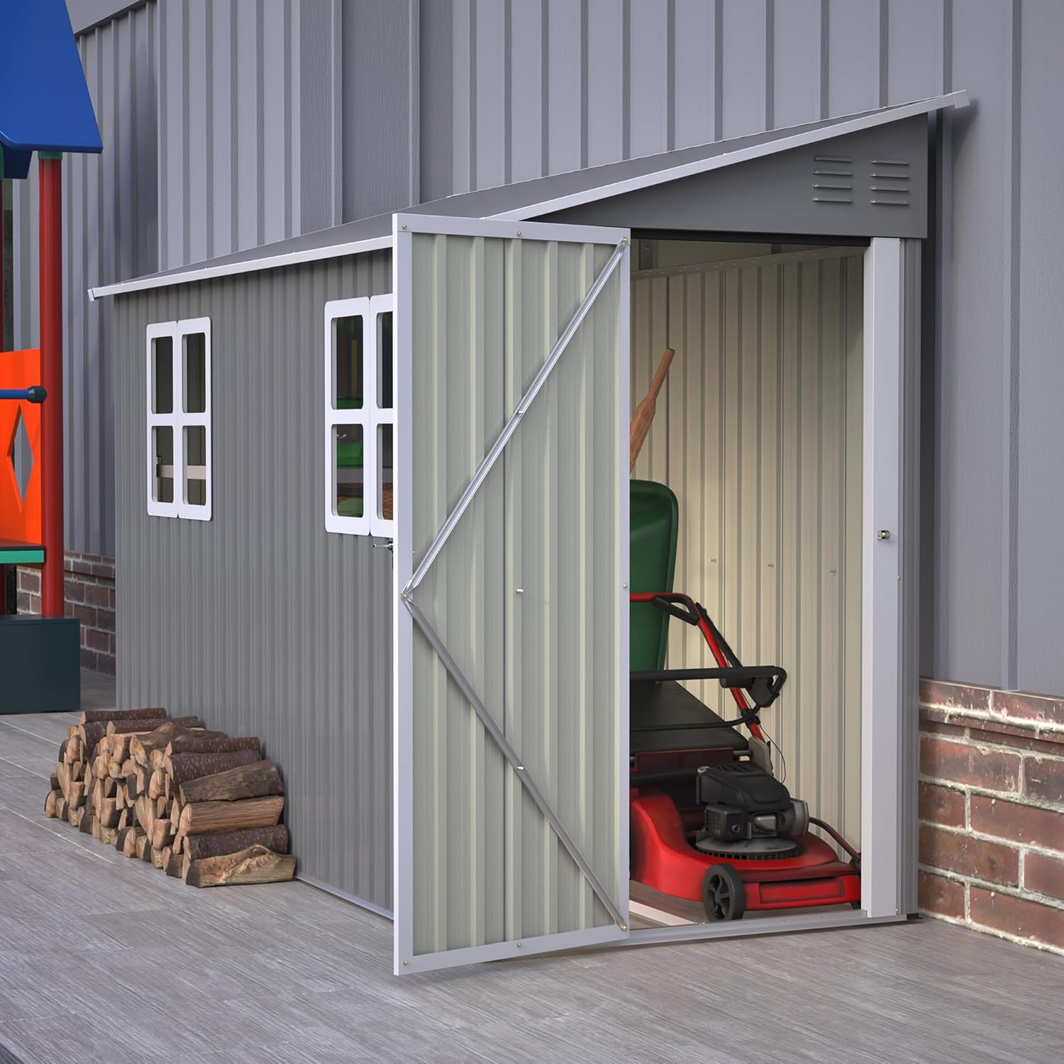 4X10 FT Outdoor Storage Shed W/ 2 Windows & Floor Frame,Lean to Shed W/Reversible Installation,Metal Garden Tool House W/Air Vents,Lockable Door & Sloped Roof,for Backyard Patio Lawn,Gray