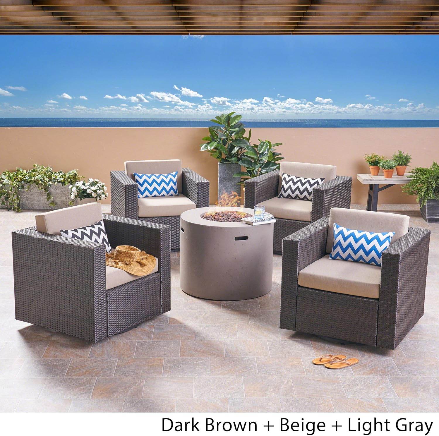 GDFStudio Outdoor 4 Piece Swivel Club Chair Set with Round Fire Pit, Dark Brown and Light Gray