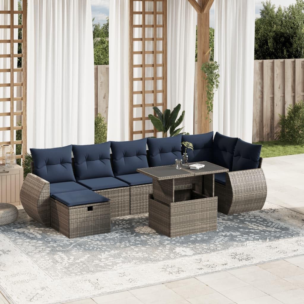 Outdoor Garden Sofa Set with Adjustable Glass Tabletop and Removable Cushions, Modular PE Rattan Furniture for Patio Backyard Terrace