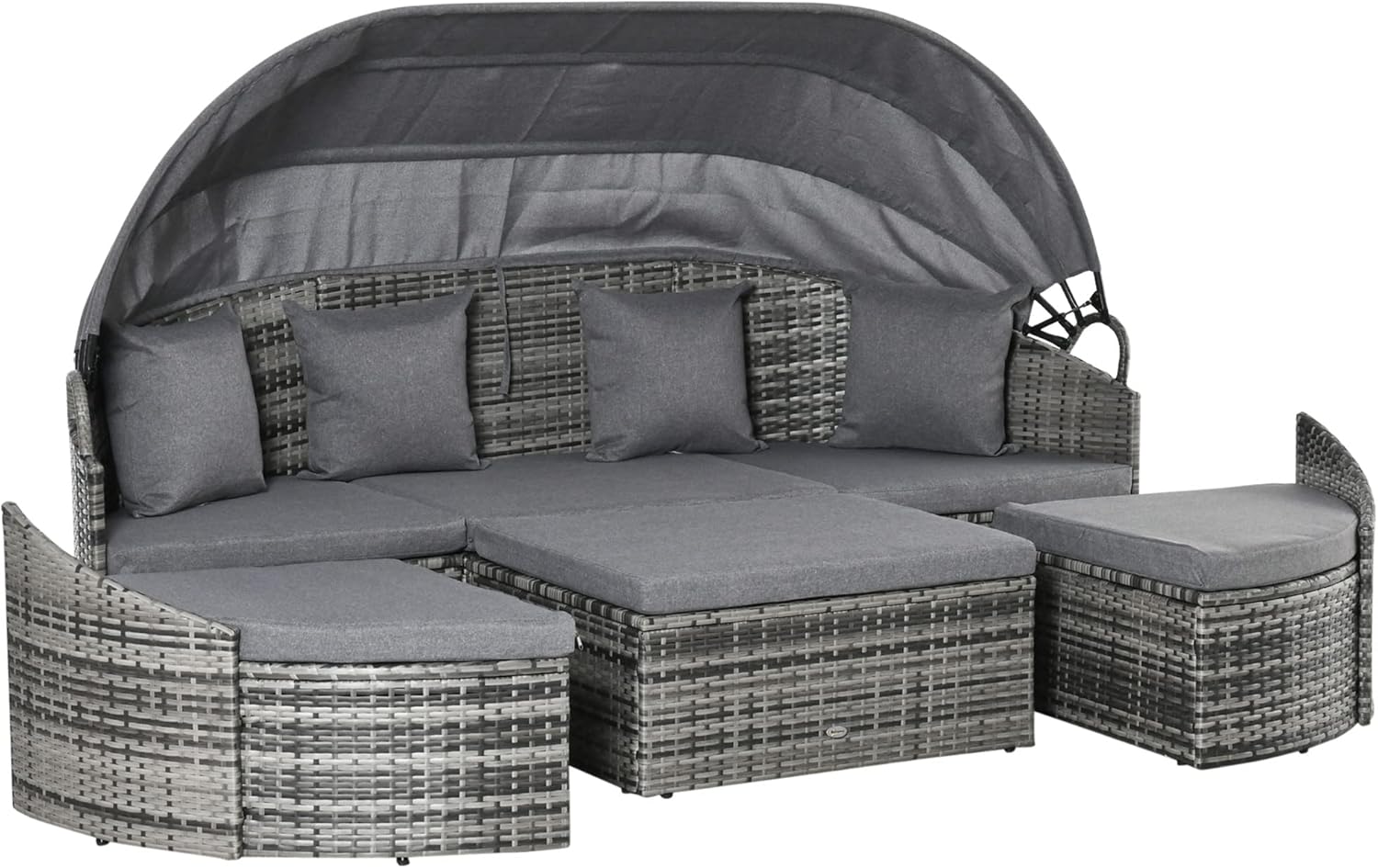 Outsunny 4-Piece Outdoor Rattan Furniture Set, Round Convertible Patio Daybed or Sunbed, Sectional Sofa with Canopy, Pillows, Cushions, Footrest, Table, PE Plastic Wicker, Gray