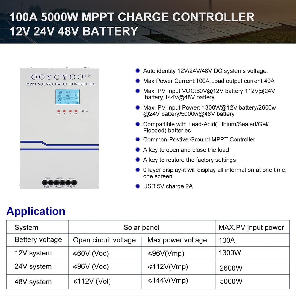 100 Amp MPPT Charge Controller MPPT 12V 24V 36V 48V Auto, 100amp Solar Charge Regulator Max 150V w/LCD Display Work with AGM, Gel, Flooded and Lithium, Max Input Power 5000W