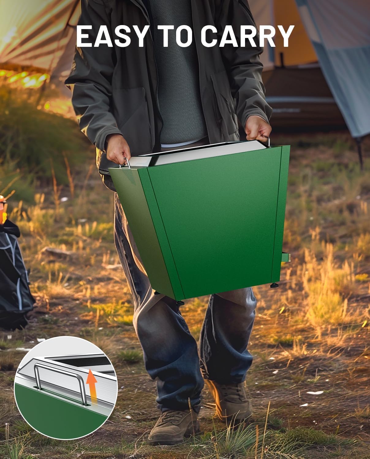 Cyberpit One 20 Inches Smokeless Fire Pit with Pull-Out Ash Pan, Portable Outdoor Fire Pit for Backyard, Patio & Camping, Stainless Steel, Green (1 Door) (1 Doors)