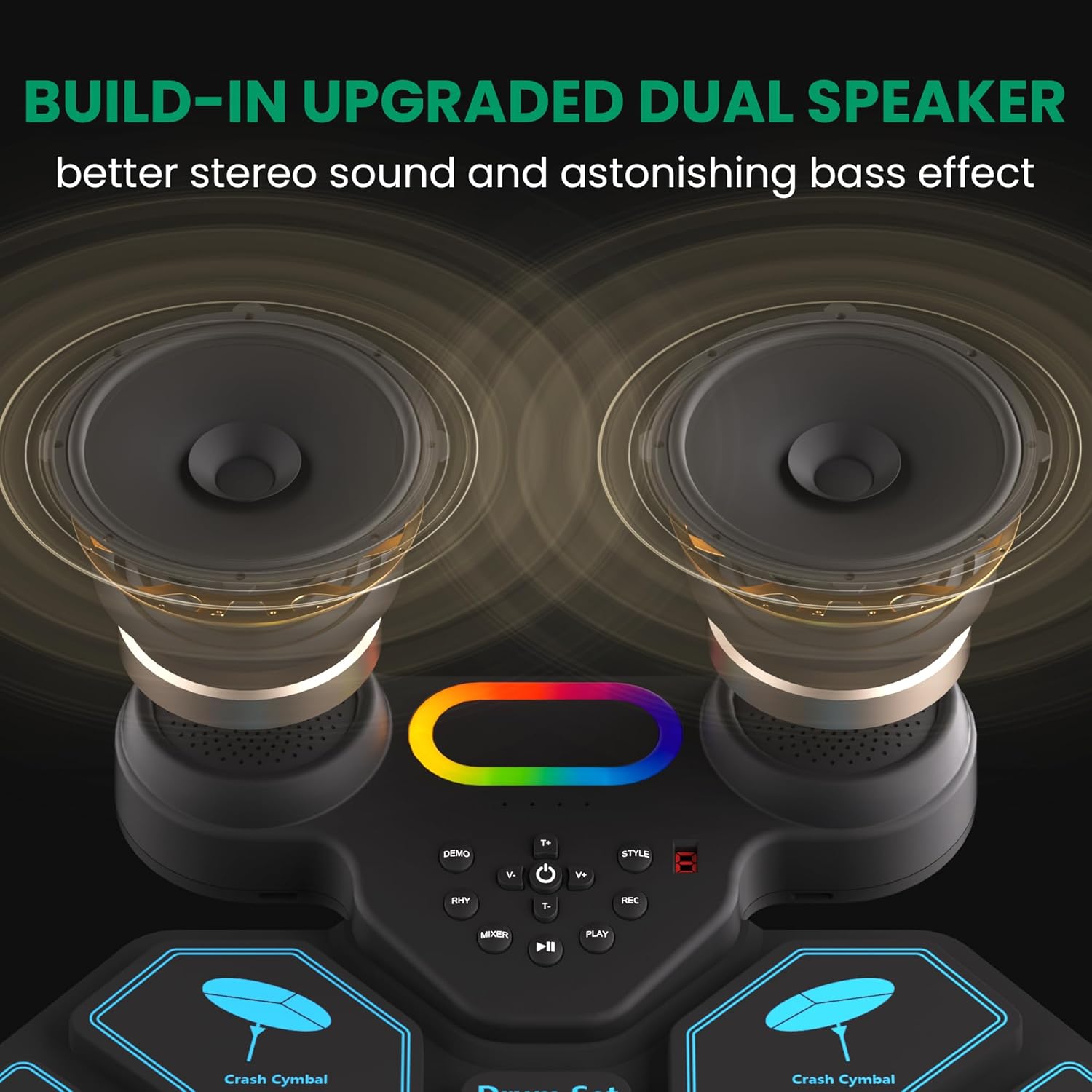 Electronic Drum Set, 9 Pads Roll Up Drum Kit, Built-in 2 Foot Pedals, Drumsticks, Headphone Jack, MIDI Support, Graphic