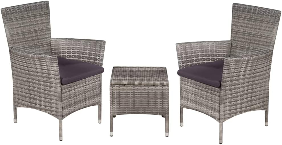 Garden Furniture Set Gray Poly Rattan, 3-Piece Outdoor Patio Table and Chairs, Removable Covers, Balcony Dining