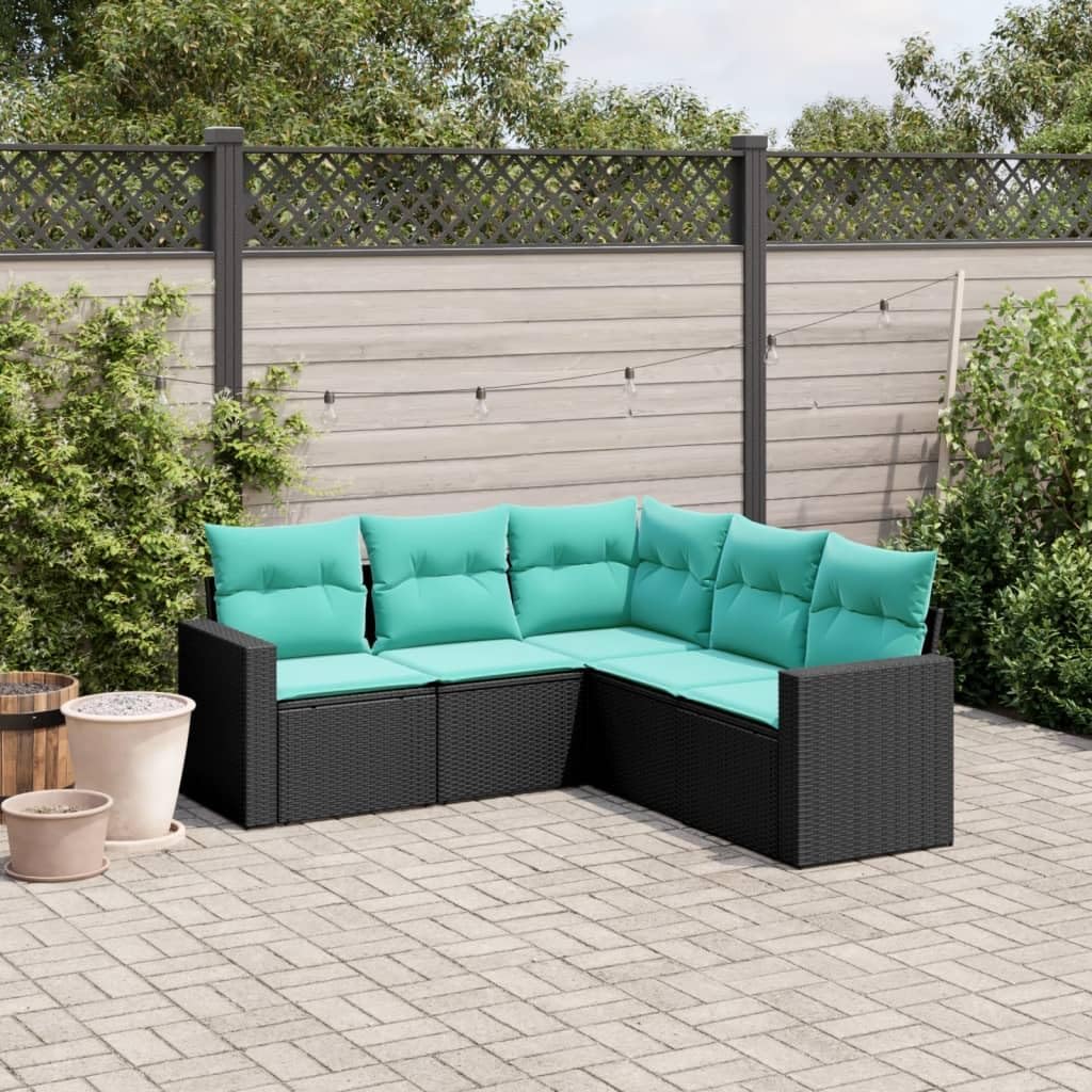 5-Piece Modular Garden Sofa Set, Black Blue PE Rattan, Powder-Coated Steel Frame, Outdoor Patio Furniture, Weather-Resistant, Balcony Lounge Seating