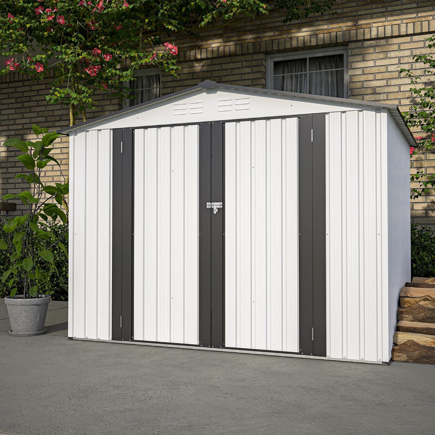 6x8 FT Outdoor Storage Shed, Metal Garden Shed with Lockable Hinged Doors, Outside Tool Shed with Sloped Roof & 4 Air Vents, Waterproof Storage Building for Backyard, Patio, Lawn, White