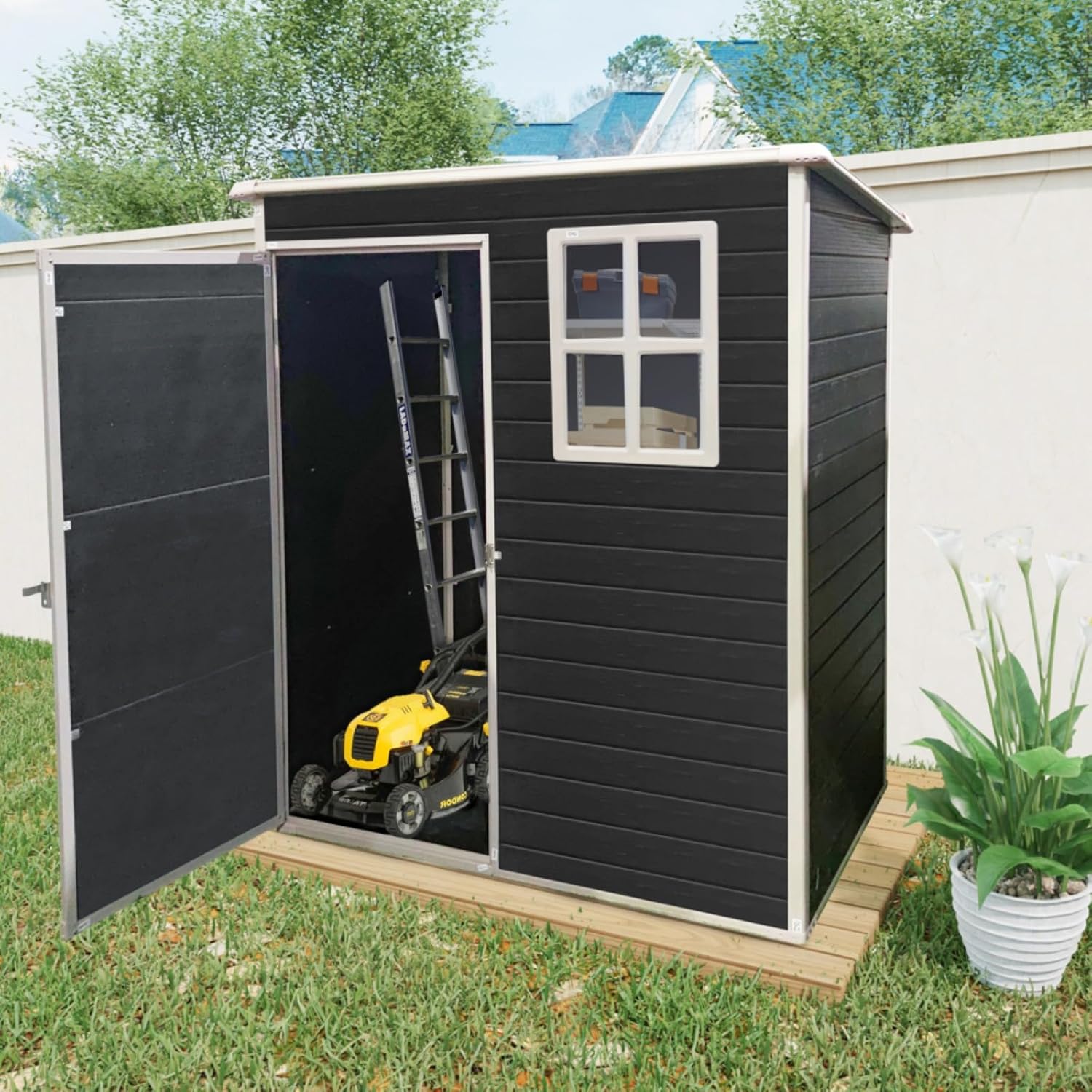 Outdoor Plastic Storage Shed with Floor & Window for Garden & Backyard, Patio, Lawn, Multifunction Garden Tool House with Pad-Lockable Single Door and Vents, Black (5FT * 3FT Black)