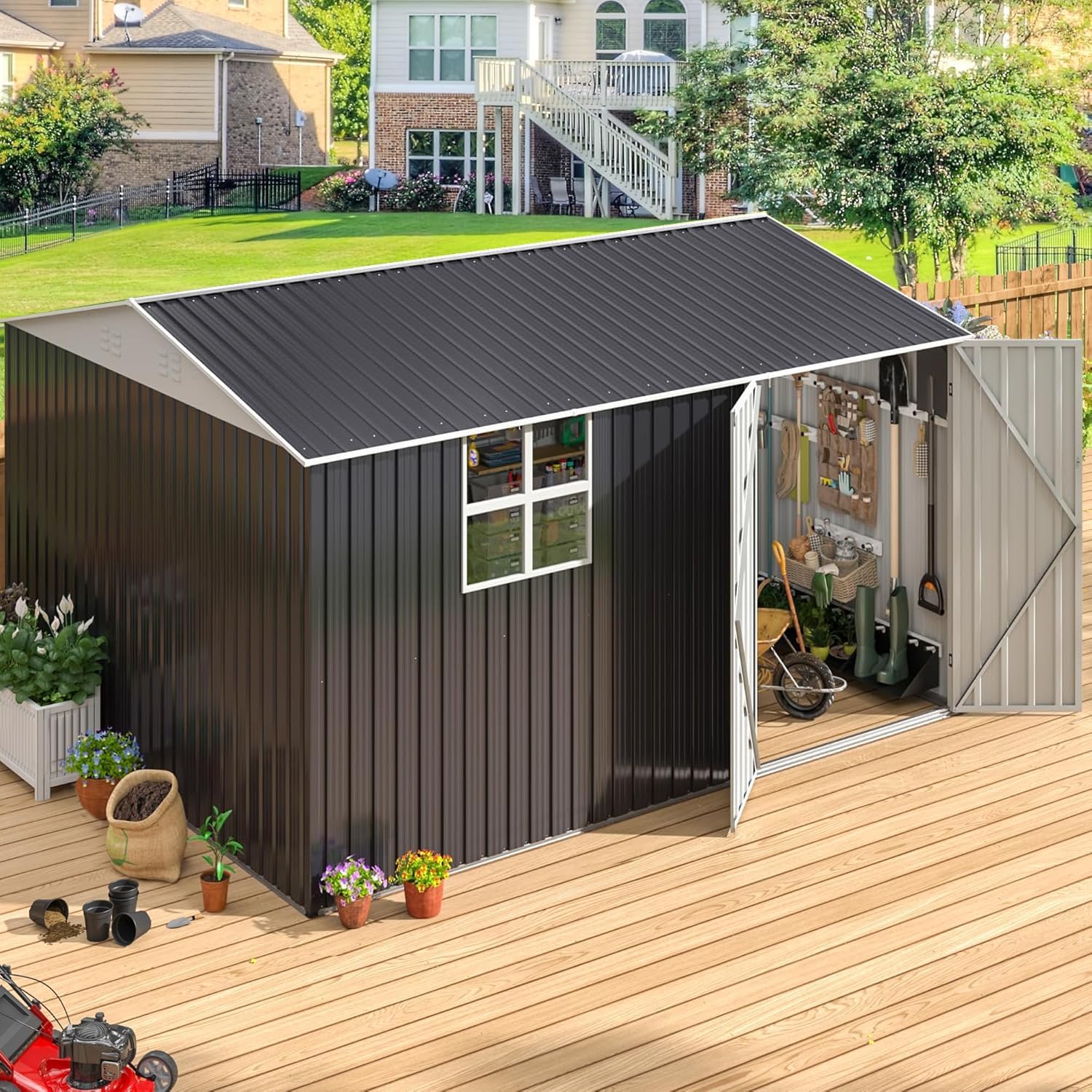 VIWAT 10X12 FT Outdoor Storage Shed, Metal Garden Shed with Updated Lockable Doors and Frame Structure, Large Tool Sheds for Backyard Garden Patio Lawn,Black