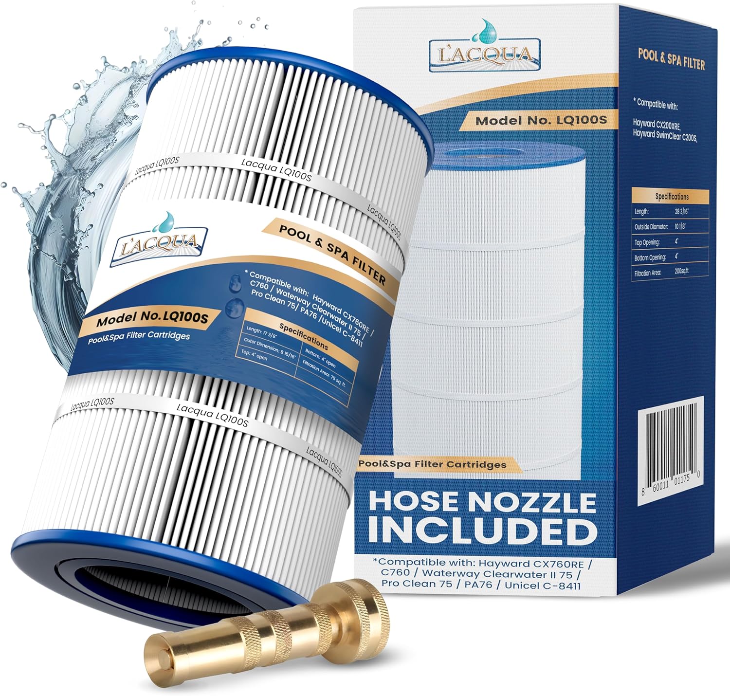 LACQUA Pool Filter Cartridge LQ100S 100SqF for SwimClear Hayward C100S, CX100XRE, Unicel C-9440, Pleatco PA100S, Ultral-D3, D3-M. Hose Nozzle Included