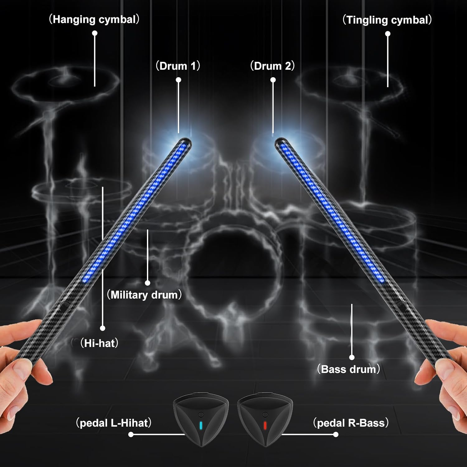 Virtual Air Drum Set, Electric Air Drum Sticks Kit, Carbon Fiber Drum Sticks & Pedals & Bluetooth Adapter Speaker, Electric Drum Set for Kids Beginners Adults