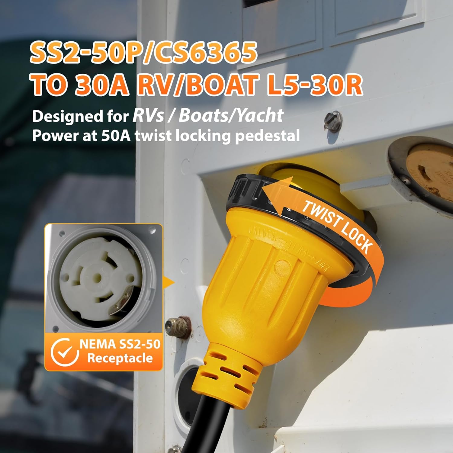 MECMO 50 Amp to 15 Amp 110V RV Marine Adapter Plug, NEMA 5-15P to NEMA SS2-50R Twist Lock Adopter & 50 Amp to 30 Amp Marine Shore Power Adapter Cord, 50A SS2-50P to L5-30R RV Generator Twist Lock