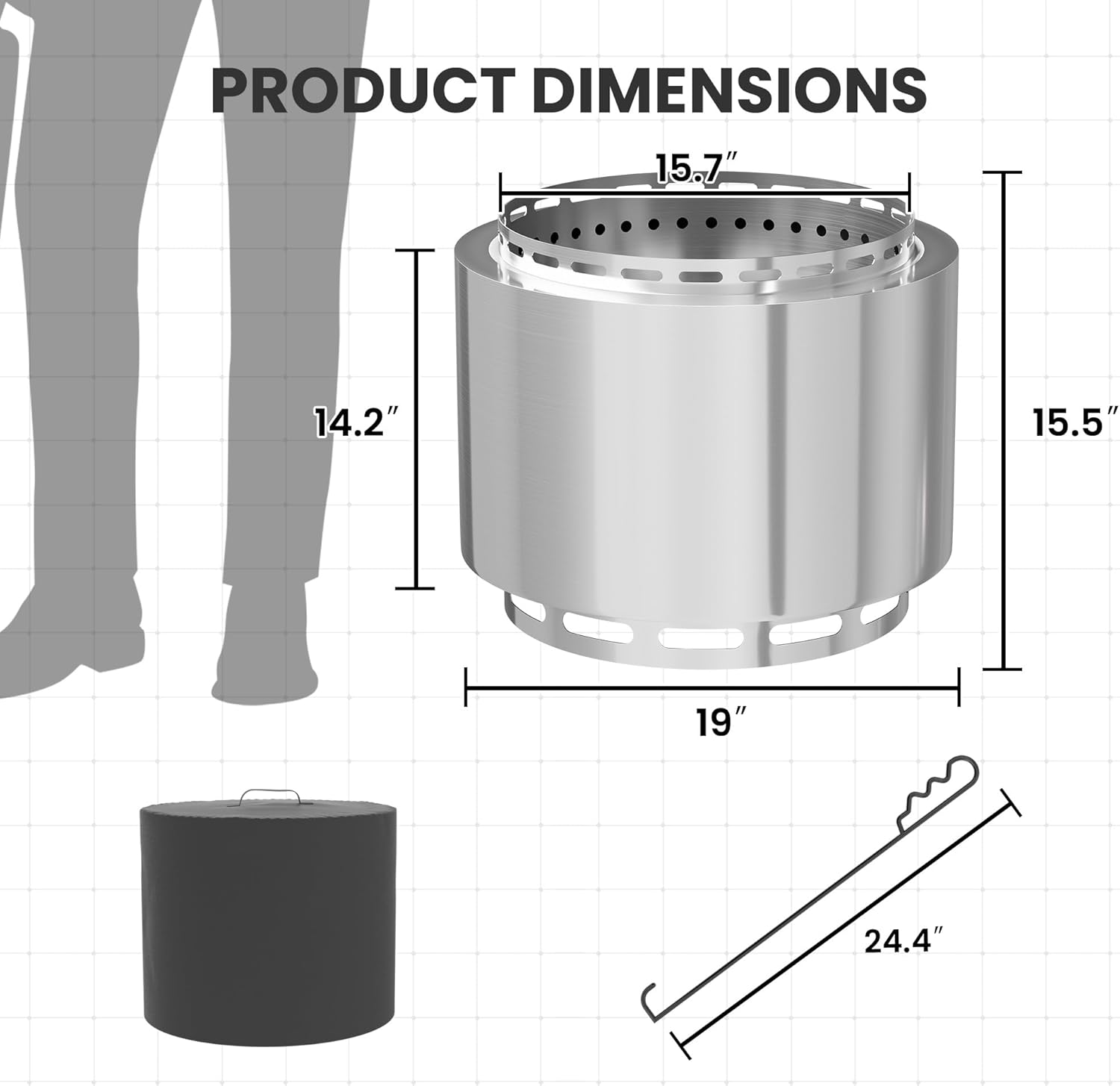 19 Inch Smokeless Fire Pit, Portable Outdoor Stainless Steel Fire Pit for Patio Backyard Garden Camping, Smokeless Technology