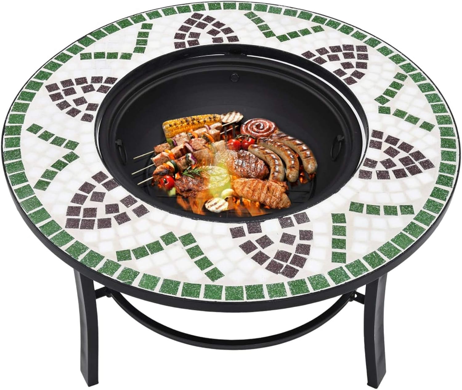 Mosaic Fire Pit, Green Ceramic 26.8 Inch Steel Fire Bowl with Tabletop and Grid, for Garden and Patio Warmth and BBQ