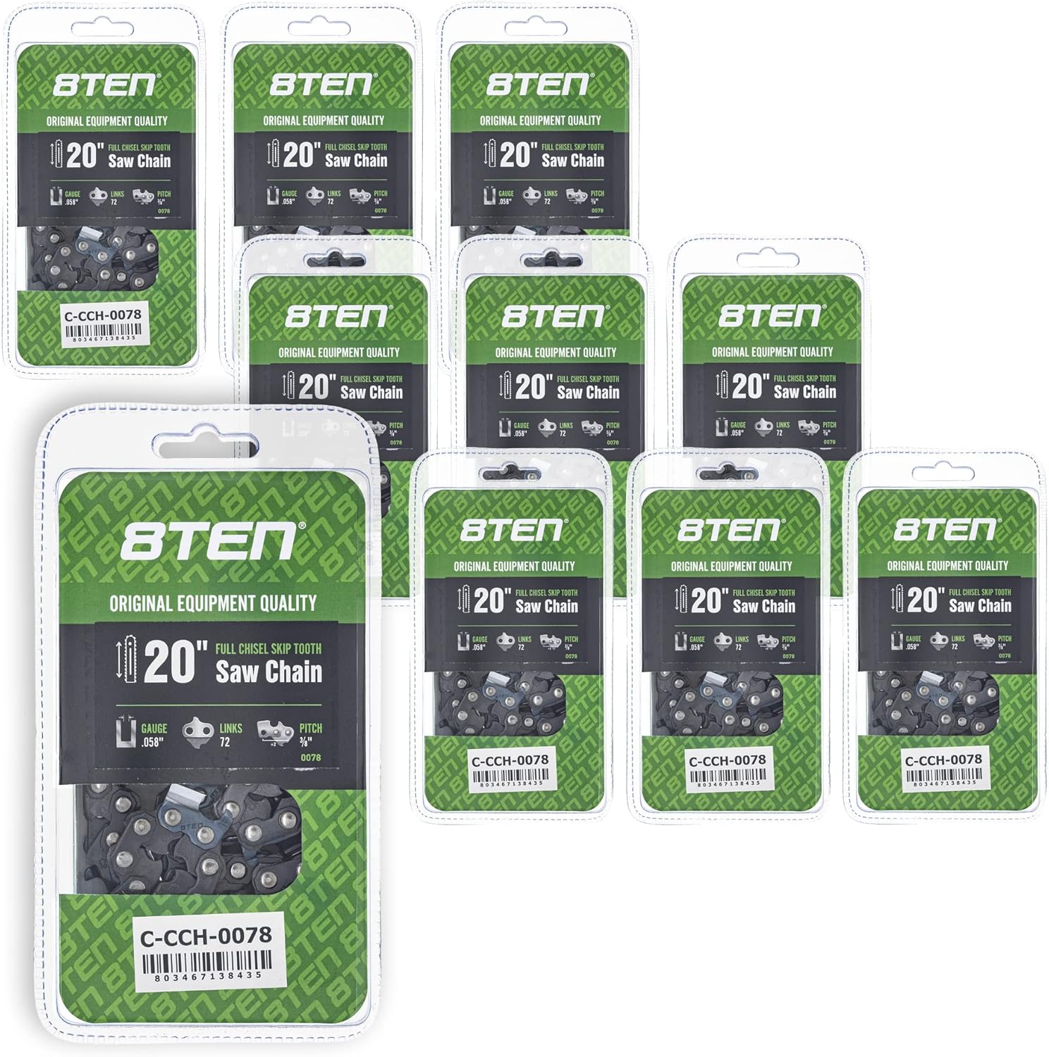8TEN Full Chisel Skip Tooth Chainsaw Chain 20 Inch .058 3/8 72DL For Husqvarna 455 Rancher Makita DCS6401 (10 Pack)