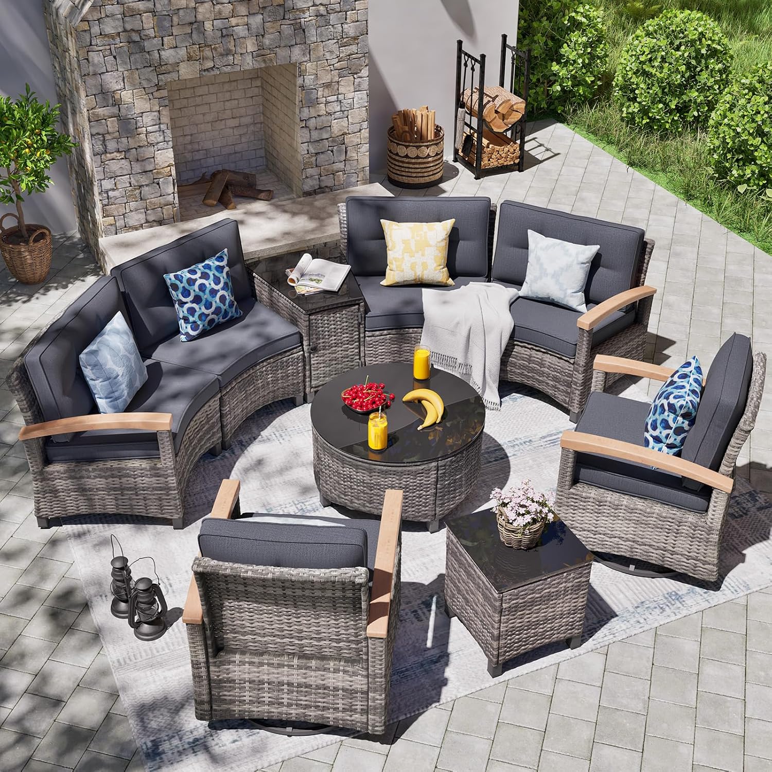 MEISSALIVVE 9-Piece Outdoor Patio Furniture Set, Half-Moon Curved Sectional Set with Wood Armrests, Patio Conversation Set, Tempered Glass Coffee & Side Tables (Grey)