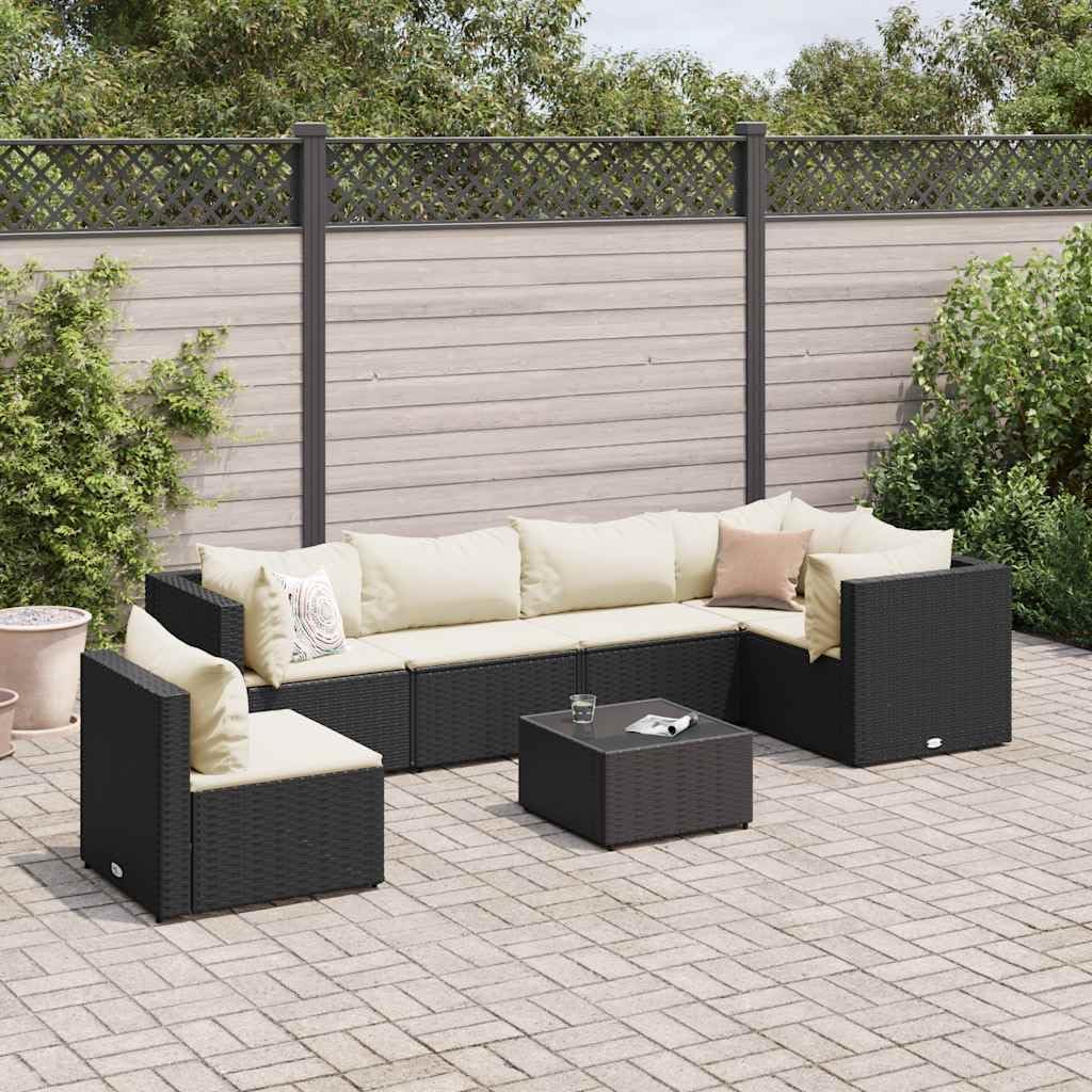 7 Piece Patio Lounge Set with Cushions Black Poly Rattan Garden Furniture