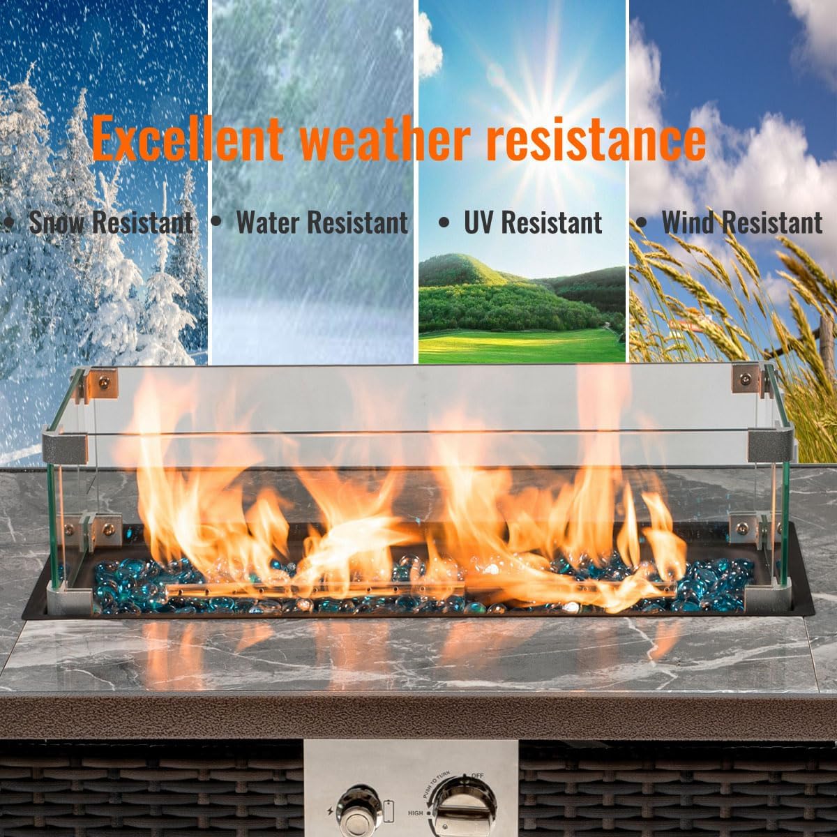 42'' Fire Pit Table with Natural Gas Conversion Kit, Marble Tile Ceramic Tabletop with Glass Wind Guard, Inclined Leg and Art Powder Design, Blue Glass Rocks, Including Lid&Cover, Brown