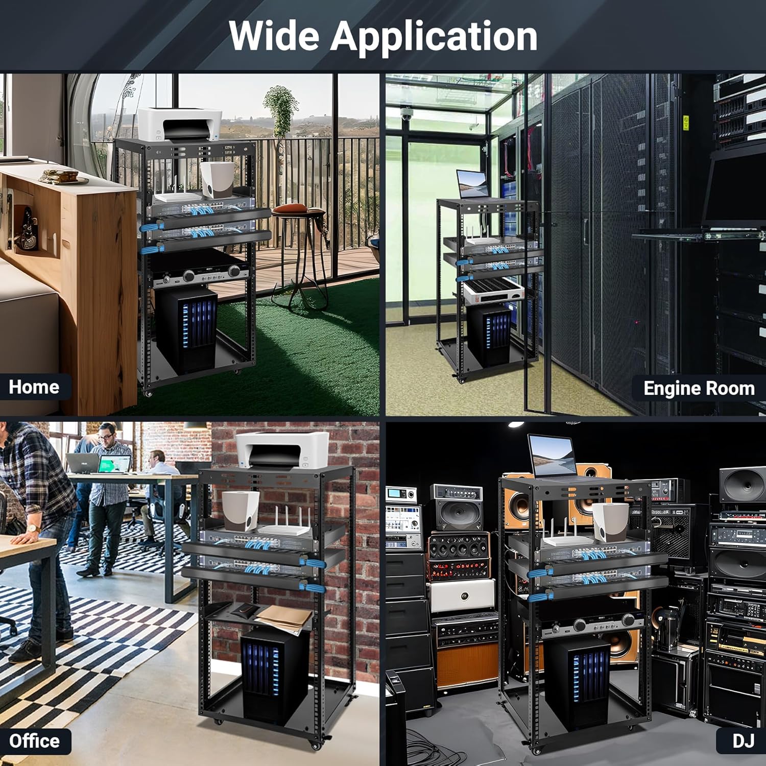 20U Server Rack w/ 2 Racks, Versatile Open Frame IT Rack - Wall-Mount, Rotate and Push w/Ease, AV Rack w/Top & Bottom Panels, Hook and Loop Straps for 19