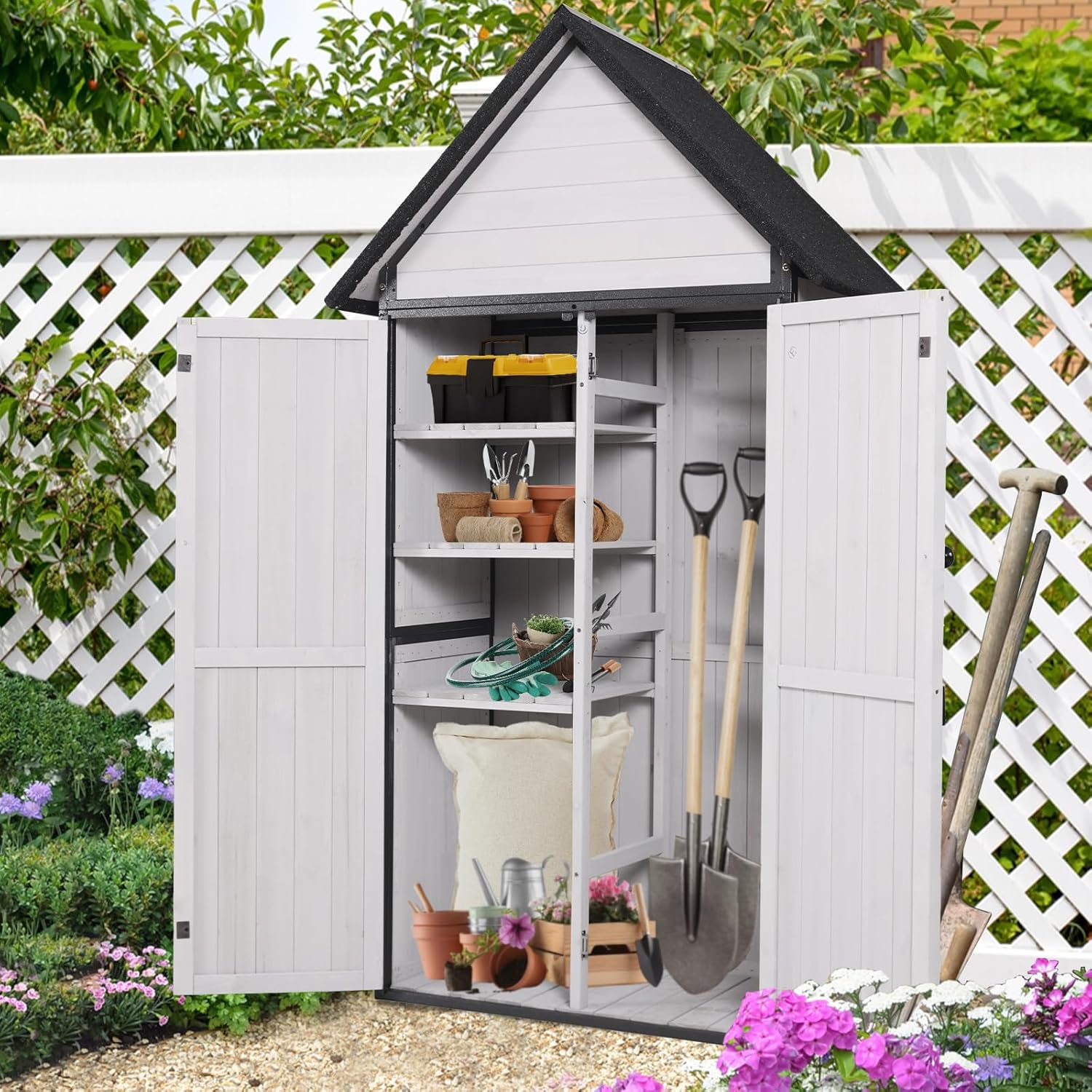 Indoor Outdoor Storage Cabinet with Waterproof Roof Storage Shed with Adjustable Shelves Large Capacity Wooden Storage Shed with Metal Frame Structure for Backyard Garden Patio Lawn (White)