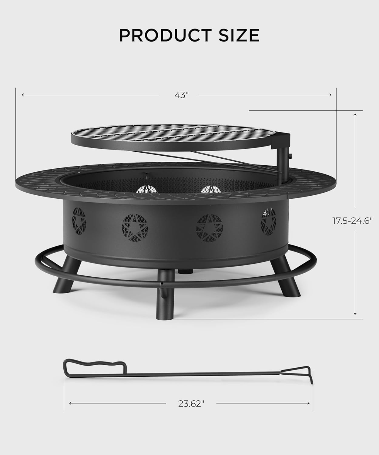 43 Inch Fire Pit with BBQ Grill, Wood Burning Fire Pits for Outside with Lid & Poker, Extra Large Heavy Duty Firepits, BBQ & Outdoor Firepit & Round Metal Table 3 in 1 for Bonfire, Patio, Picnic