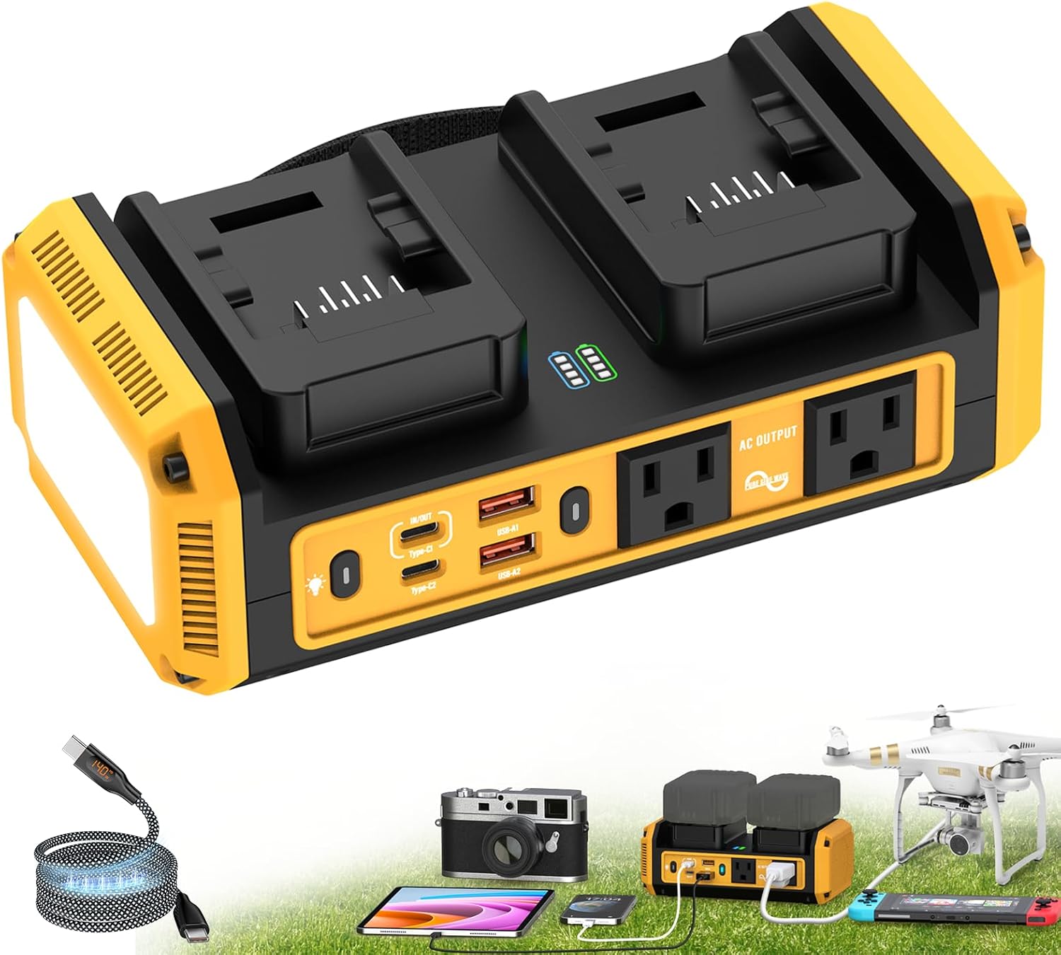 350W Pure Sine Wave Power Inverter Compatible with Dewalt 20V Battery, DC 20V to AC 120V Inverter, 7A Fast Charger & 2 AC Outlet, 2 USB Ports & 2 Type-C Ports, 600LM LED Work Light (No Battery)