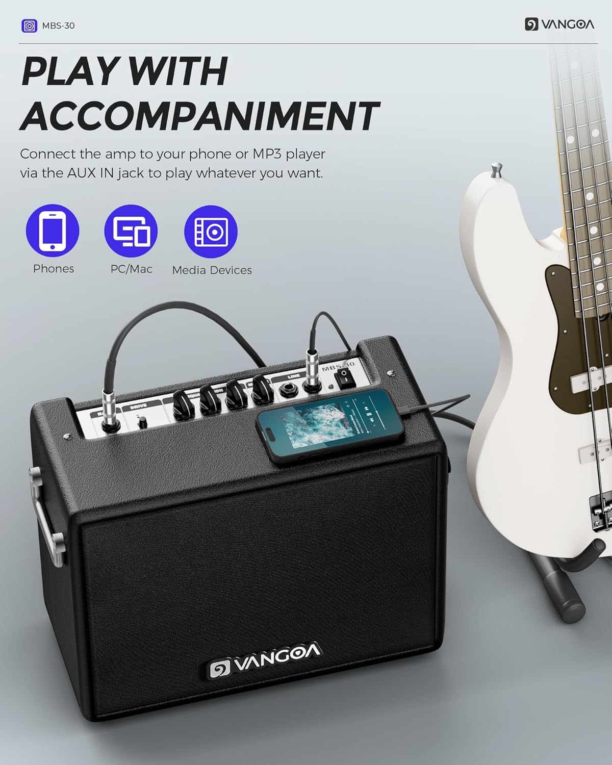 Vangoa Bass Guitar Amp, 30W Portable Bass Amplifier, Equipped with an 8-inch Speaker, Built-in Overdrive Circuit, and midrange dip Contour Switch, Suitable for Indoor and Outdoor bass Practice.