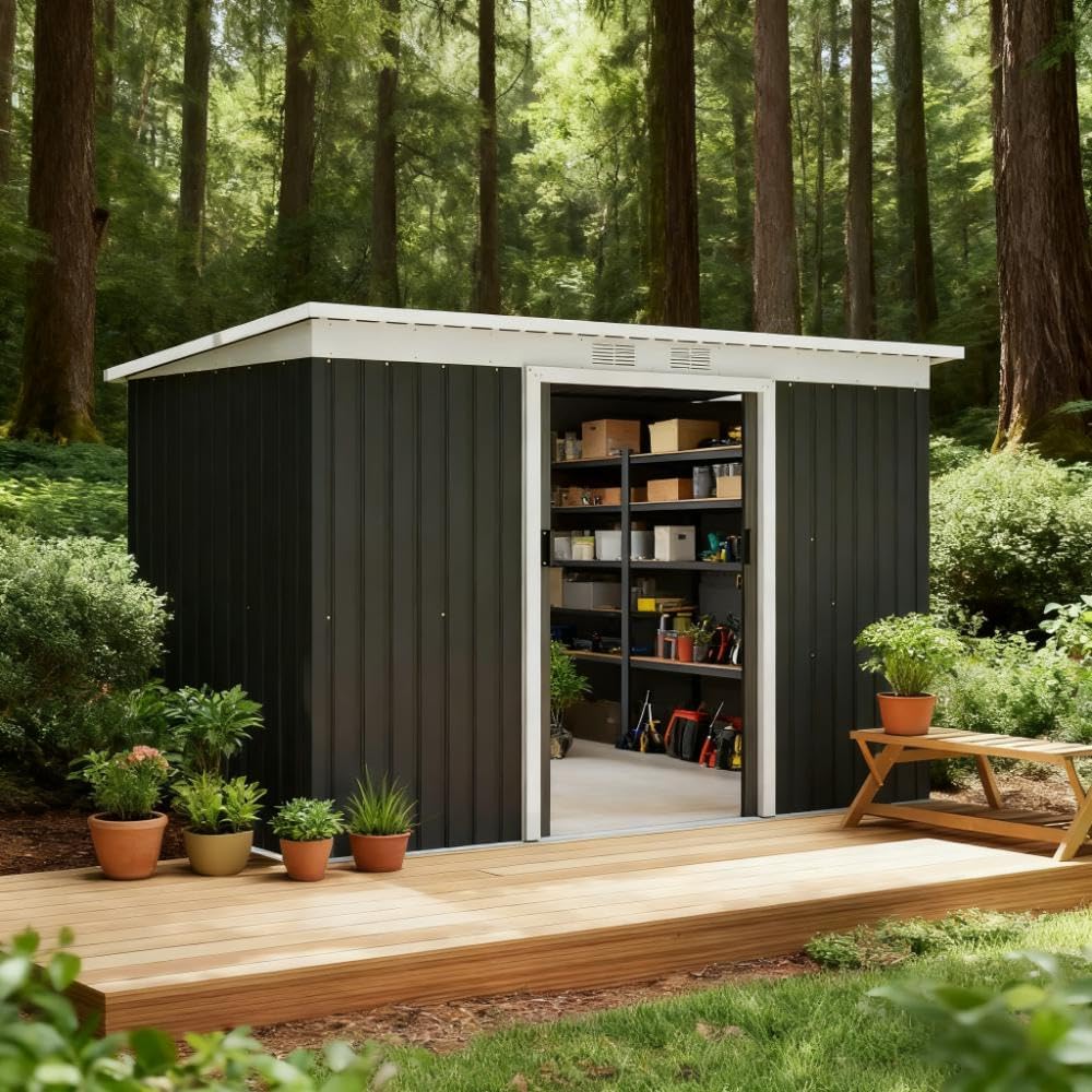 Dark Gray Garden Storage Shed Outdoor Storage Shed 9' x 4' Tool House with Double Lockable Doors for Backyard, Patio, Lawn, Garage,