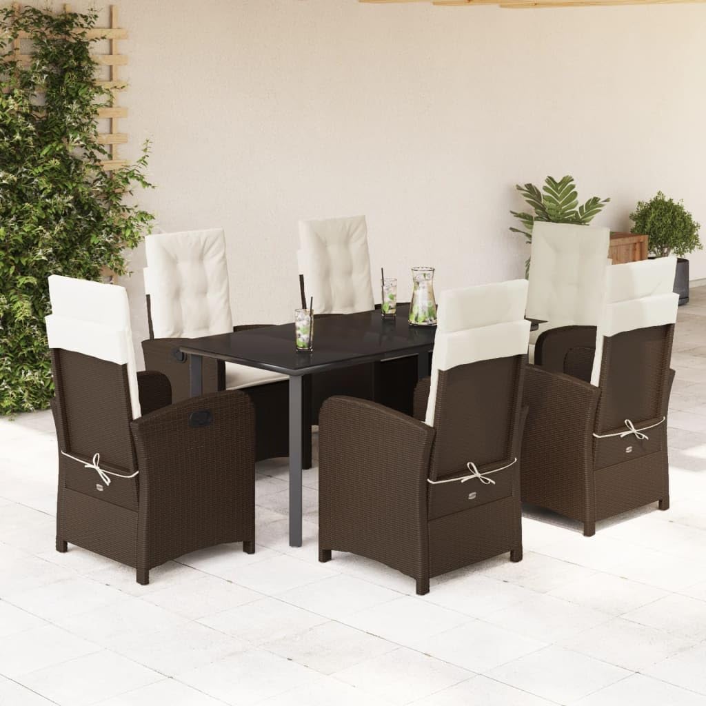 Furniture Sets 7 Piece Patio Dining Set with Cushions Brown Poly Rattan,Outdoor Rattan Recliner Set with Adjustable Backrest and Glass Table Garden Conversation Sets