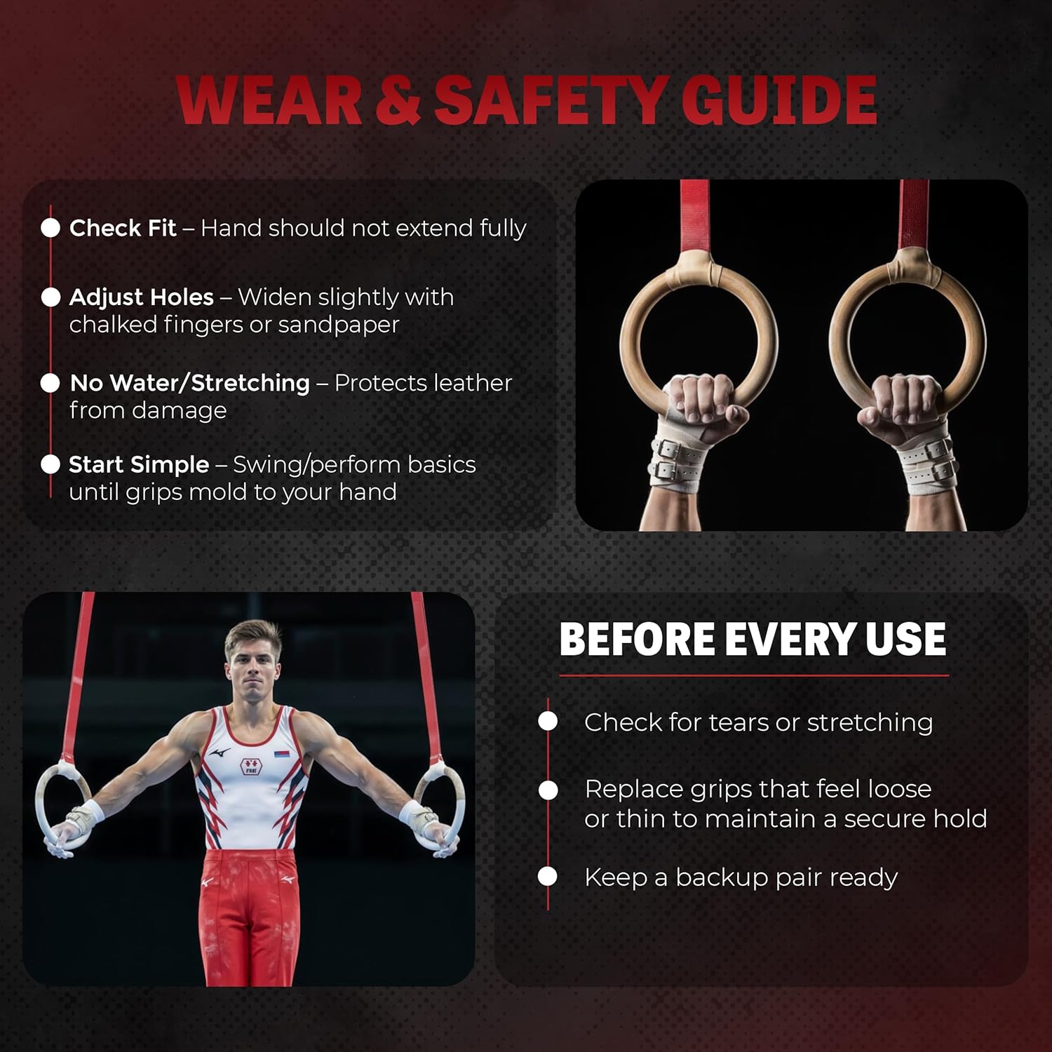 Reisport Protec Ring Gymnastics Grips for Men - Triple Strength Leather Hand Grips for Gymnastics Rings - Gymnastics Equipment & Accessories for Advanced Gymnasts