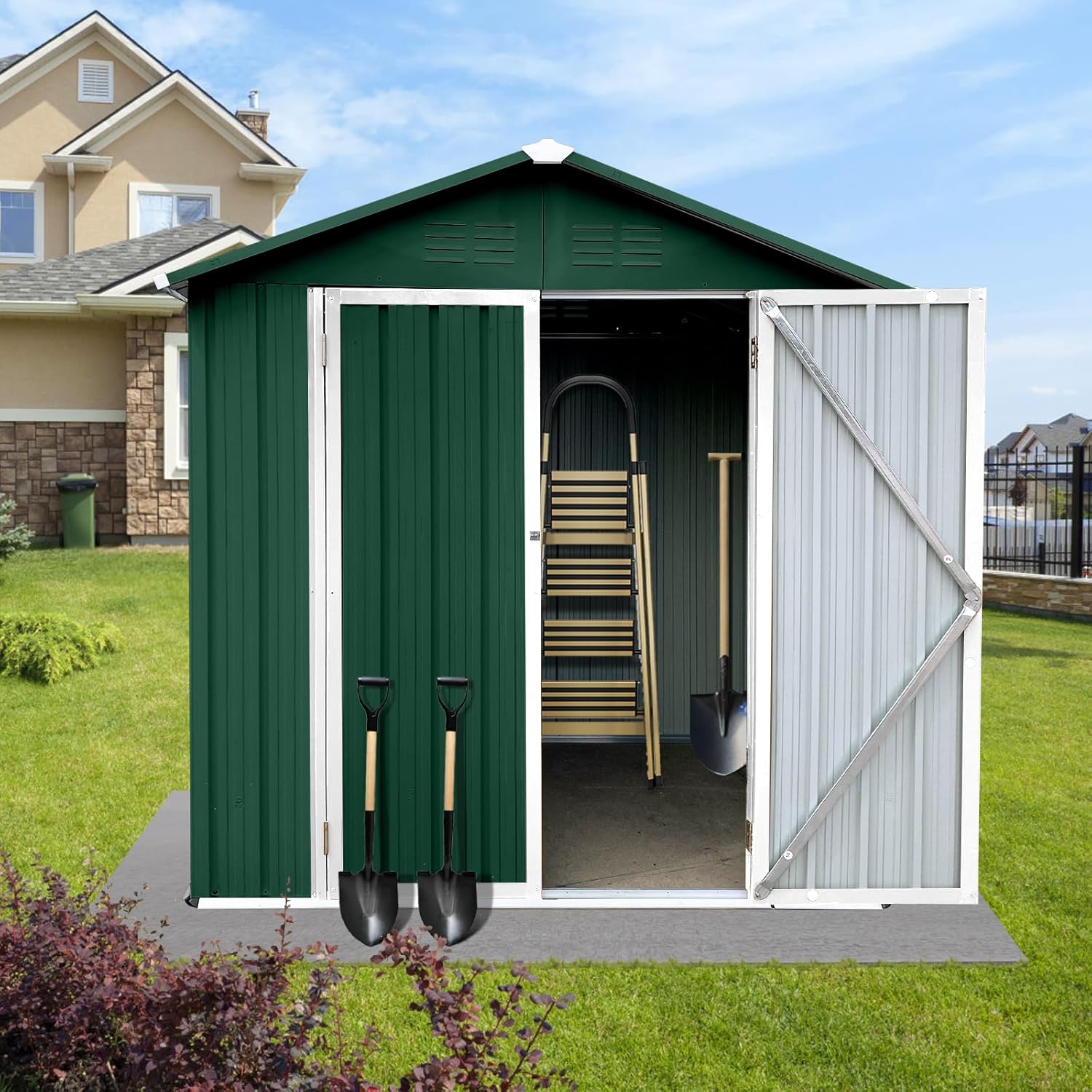 Outdoor Storage Shed 6FTx4FT Waterproof Metal Garden Tool Bike Sheds Kit with Apex Roof, Lean-to Backyard Storage Building Cabinet for House,Green