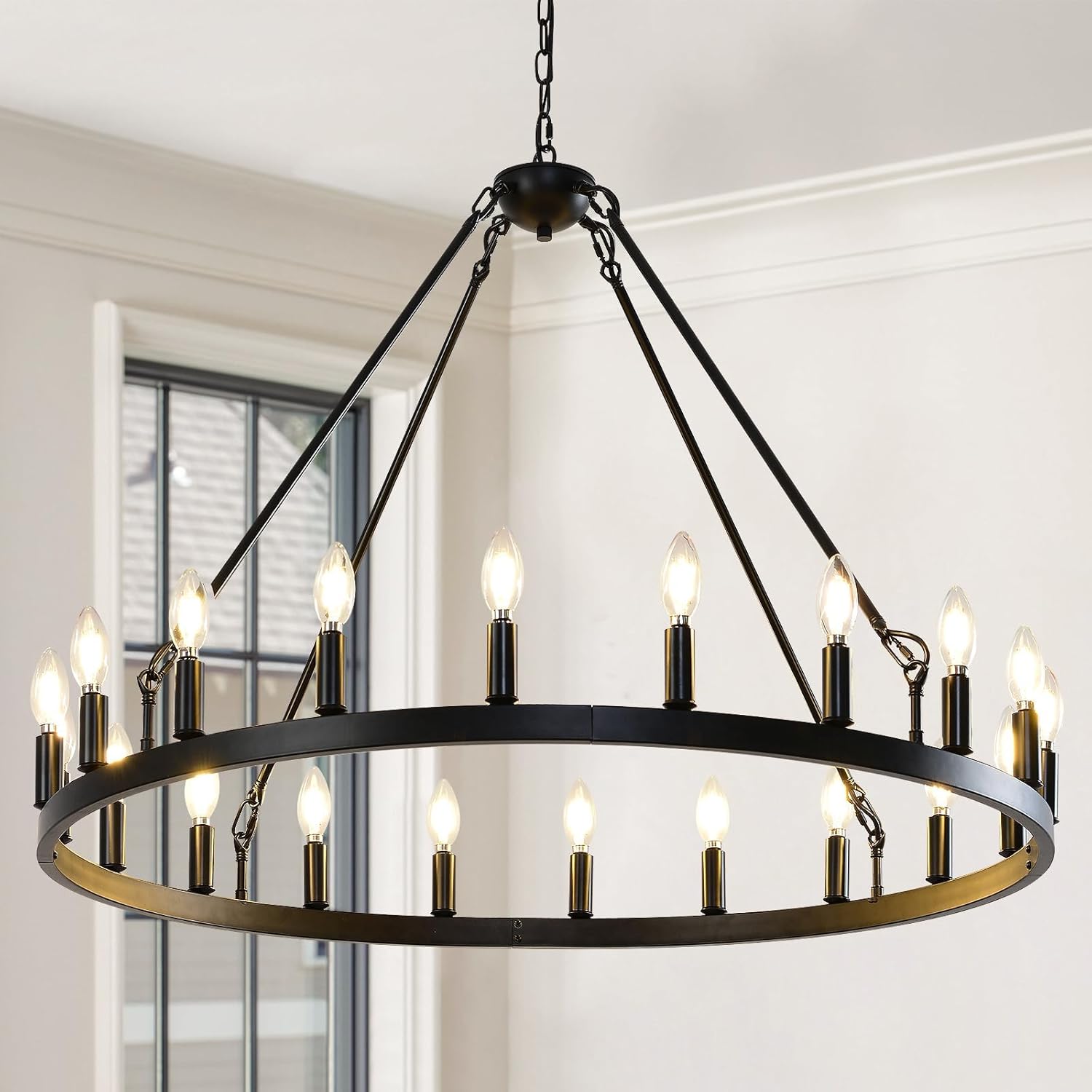 Bright and shiny 40 in Large Black Wagon Wheel Chandelier 20-Light Black Farmhouse Modern Island Pendant Light Fixture, Candle Chandeliers for Dining Ceiling Living Room, Foyer, Entryway