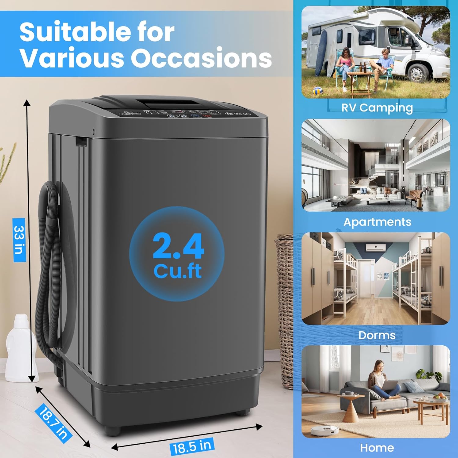 Nictemaw Portable Washing Machine 17.8 lbs Fully Automatic Portable Washer with LED Display, 10 Programs 8 Water Levels, 2.4 Cu.ft Compact Laundry Washer with Drain Pump for Apartment, Dorm, Home, RVs