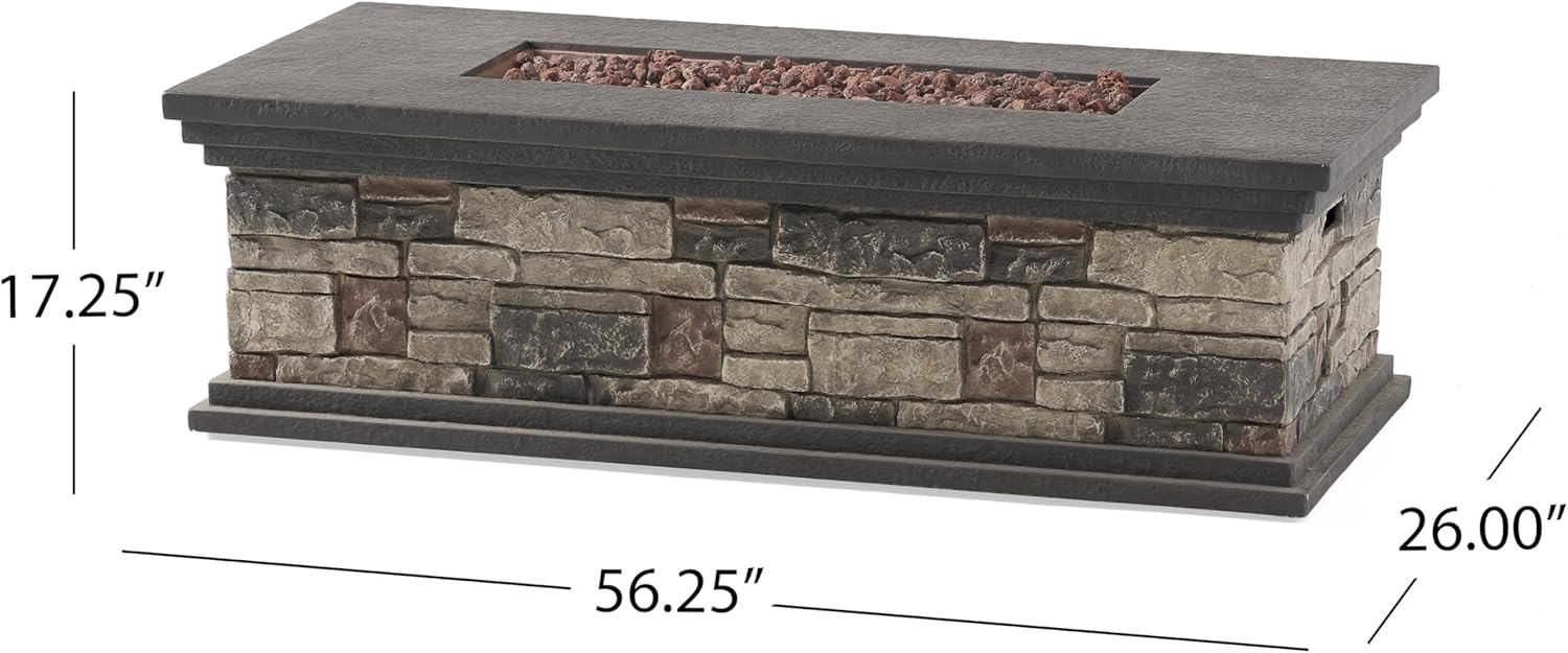 Rectangle Fire Pit 50,000 Btu, Stone Gray – Outdoor Gas Fire Pit with Lava Rocks, Durable Steel Construction, Easy Ignition, Patio, Backyard, Deck (1 Doors)
