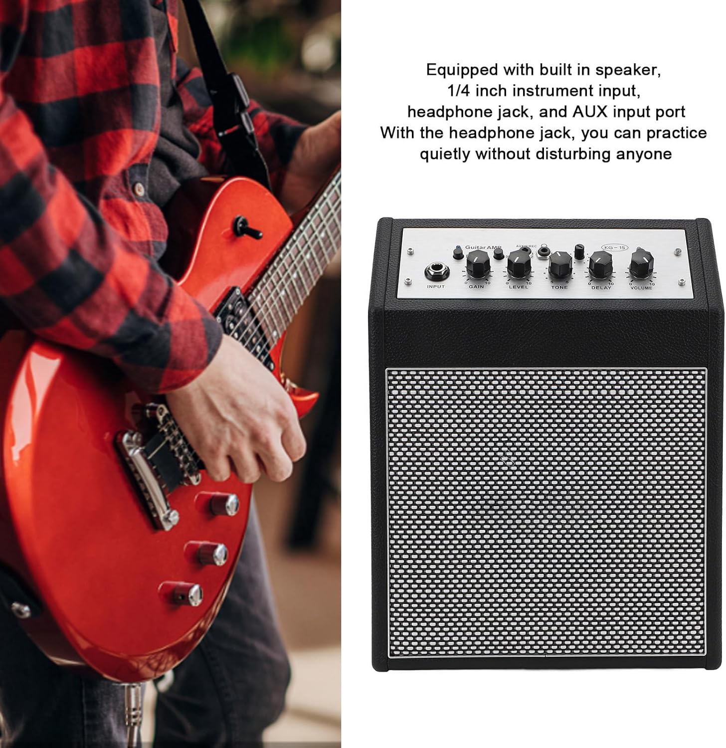 LiebeWH 15W Electric Guitar Amplifier with Headphone Jack 1/4in Input Rechargeable Mini Amp Clear Sound for Daily Practice, LiebeWHfcbstxow51