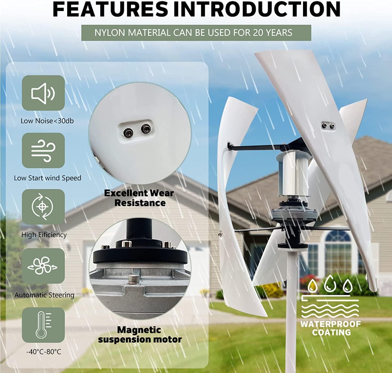 9000W Noiseless Vertical Magnetic Levitation Upright Wind Turbine, Waterproof Loader 3 Leaves Wind Turbine for House Camping