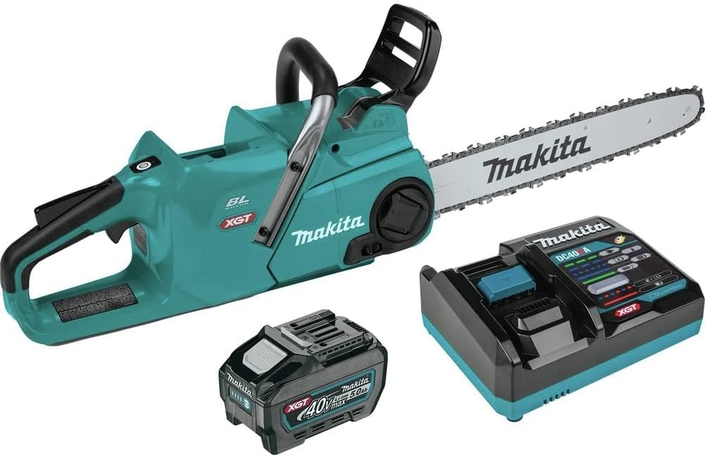 Makita 40V Max XGT 5.0Ah Brushless Lithium-Ion Battery with Built-In LED On/Off Switch, 18 Inch Cordless 42CC Gas Chain Saw Kit with Active Feedback-Sensing Technology