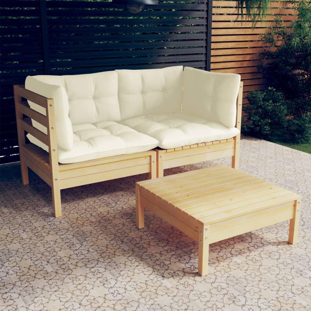 3 Piece Patio Lounge Set with Cream Cushions Pinewood,Premium Outdoor Patio Lounge Set: Modular Pinewood Furniture for Relaxation and Comfort Patio Furniture Sets, Outdoor Furniture Sets