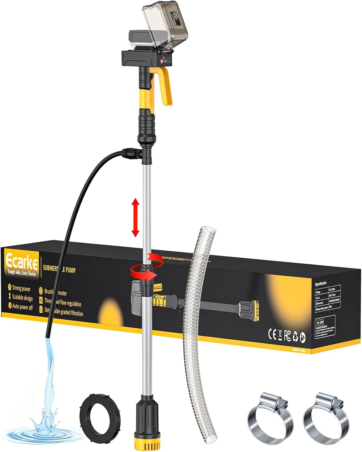 840GPH Brushless Cordless Stick Water Transfer Pump Compatible With DeWalt 20V (only tool), Auto Shut-Off, 38FT Lift 3-Speed, Extendable & IP68 with Hose Kit for Pool Garden Basement RV Boat