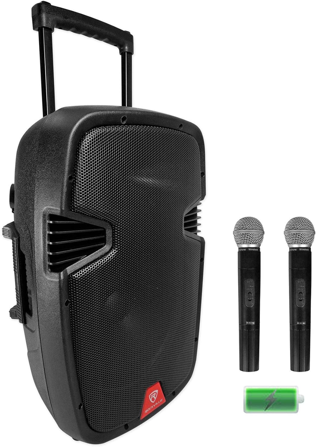 Rockville RAM12BT Bundle: 12-in Rechargeable Powered 600W Peak / 150W RMS DJ PA Speaker with Bluetooth and 2 Wireless Microphones, RVES05 Heavy Duty Tripod Pole-Mount Speaker Stand, 2-Items