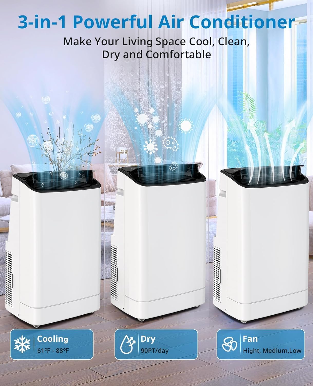 14,000 BTUs Portable Air Conditioner with 3-in-1 Room AC Unit for 750 Sq.Ft, 50dB Ultra Quiet, Window Kits Included Drainage Pipe & Remote Control, White Top Cover