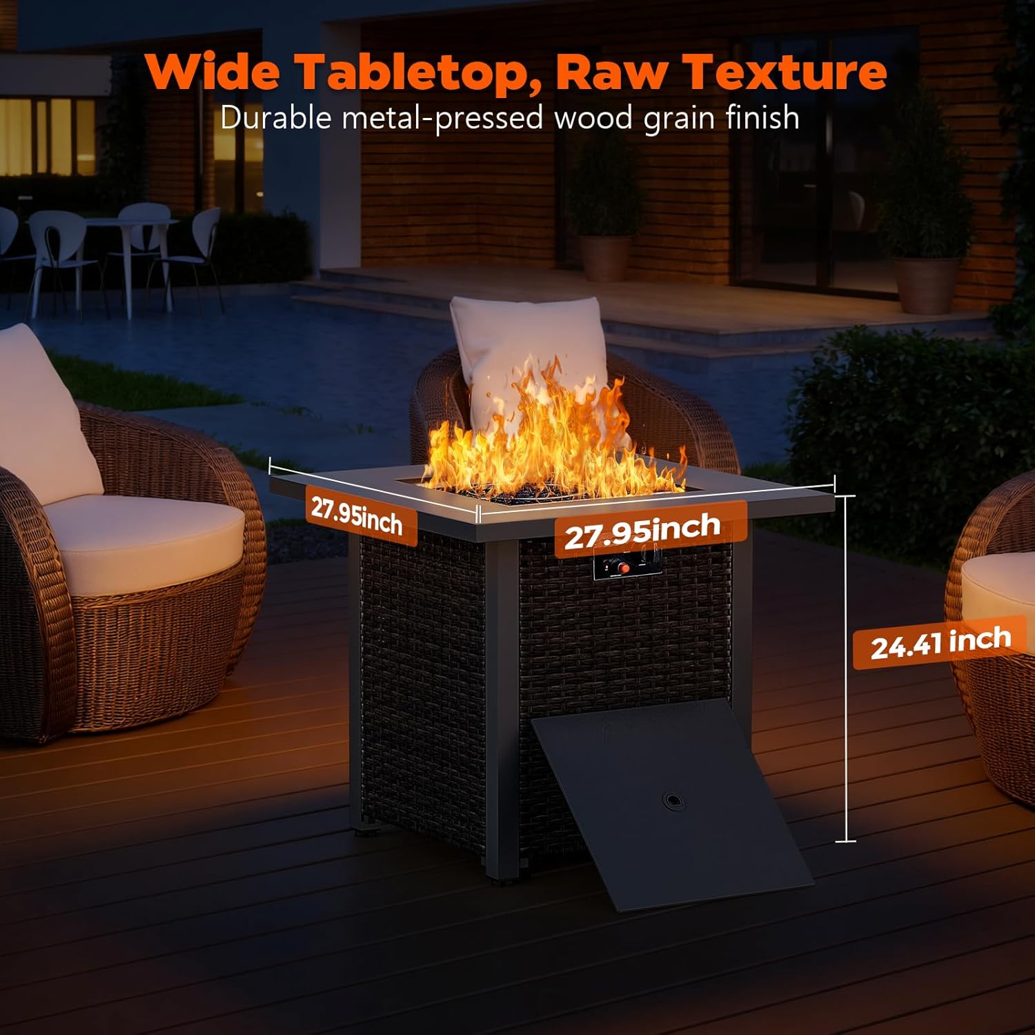 Kndko 28 Inch Propane Fire Pit, 50, 000 BTU Steel Gas Fire Pits with Lava Rock, Rectangle Gas Fire Pits for Outside Patio with Removable Lid, Add Warmth and Ambience to Gatherings and Parties