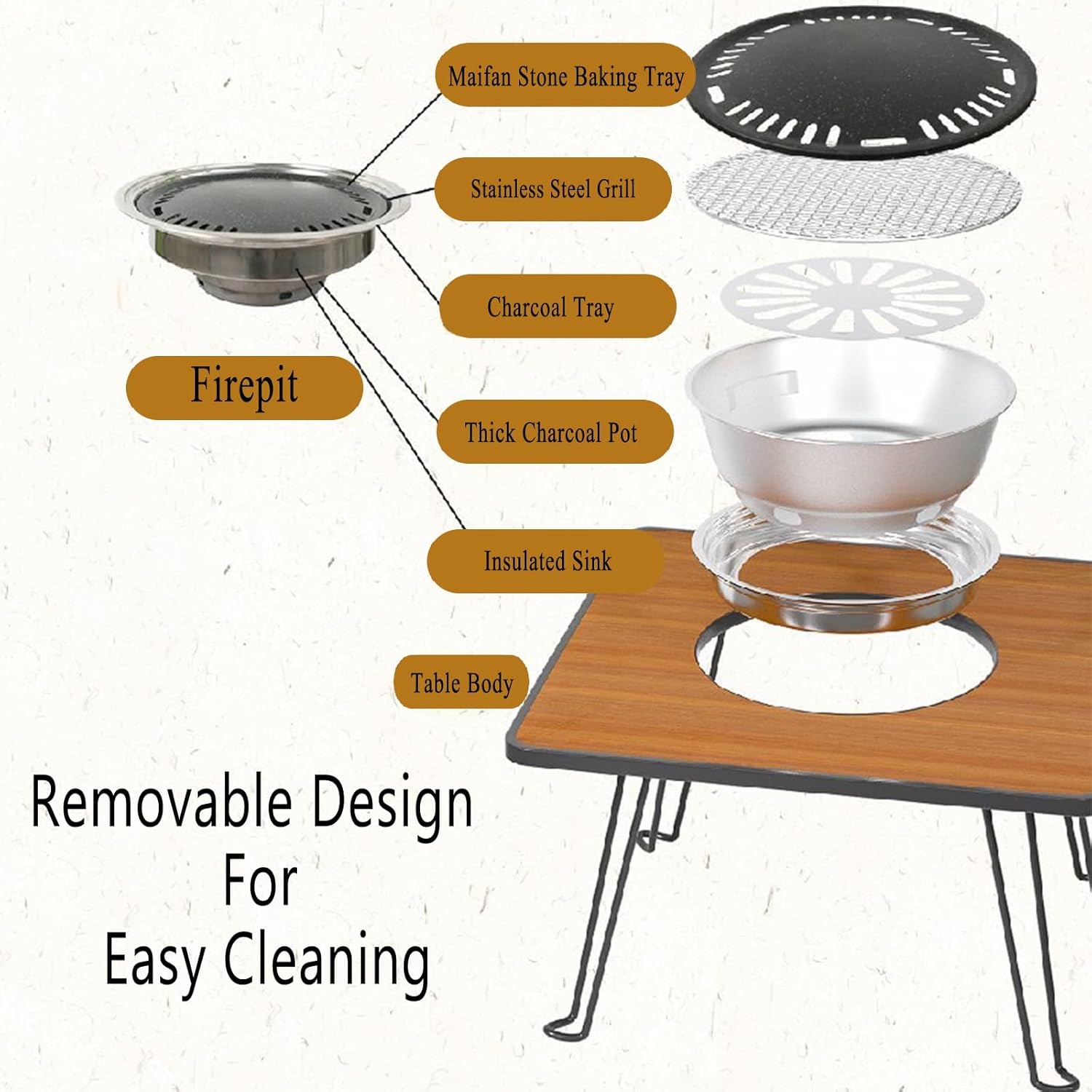 TemkIN Patio Fire Pit Table, 3-in-1 Portable Wood Burning Fire Pit Square Table with Lid & Poker, Small Firepits for Outside Camping Picnic Cooking BBQ, Picture colour