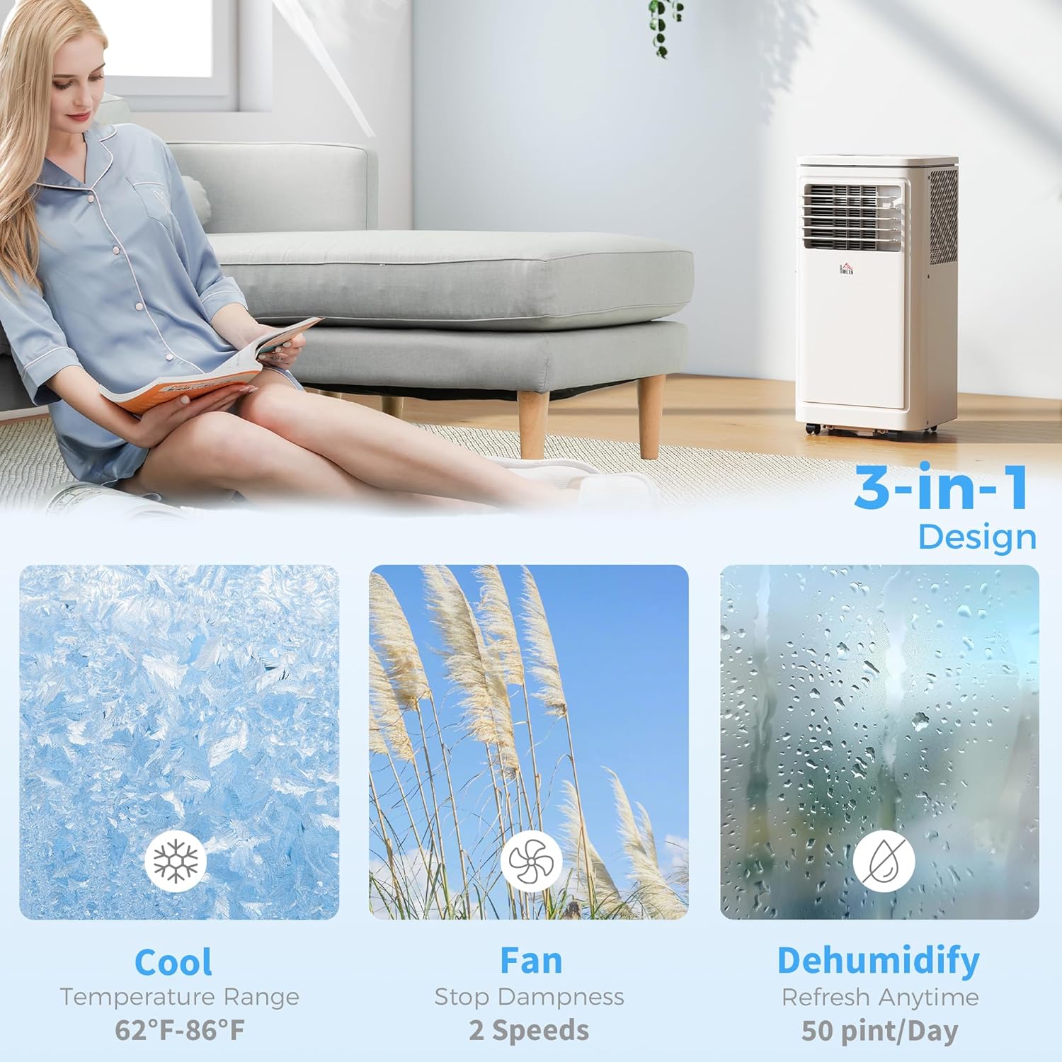 HOMCOM 8000 BTU Portable Air Conditioner, for Rooms Up to 344 Sq. Ft., 3-in-1 Portable AC Unit with Dehumidifier, Cooling Fan, Sleep, 24H Timer On/off, Remote, Window Installation Kits, White
