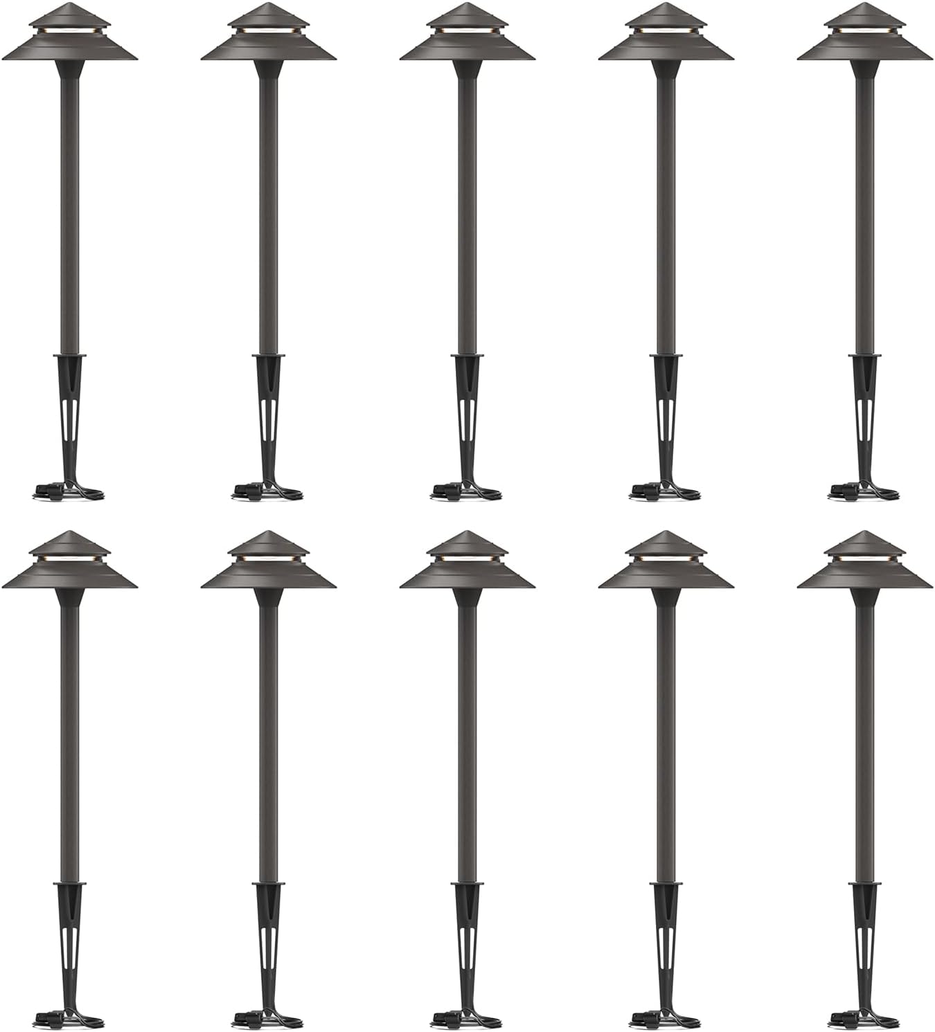 GOODSMANN Pathway Lights Kits 3W LED 10PK Outdoor Low Voltage Landscape Lighting 180 Lumen Hardwired 2 Tier Pagoda Path Light 3000K Warm White Metal 12V Electric Sidewalk Walkway Lights
