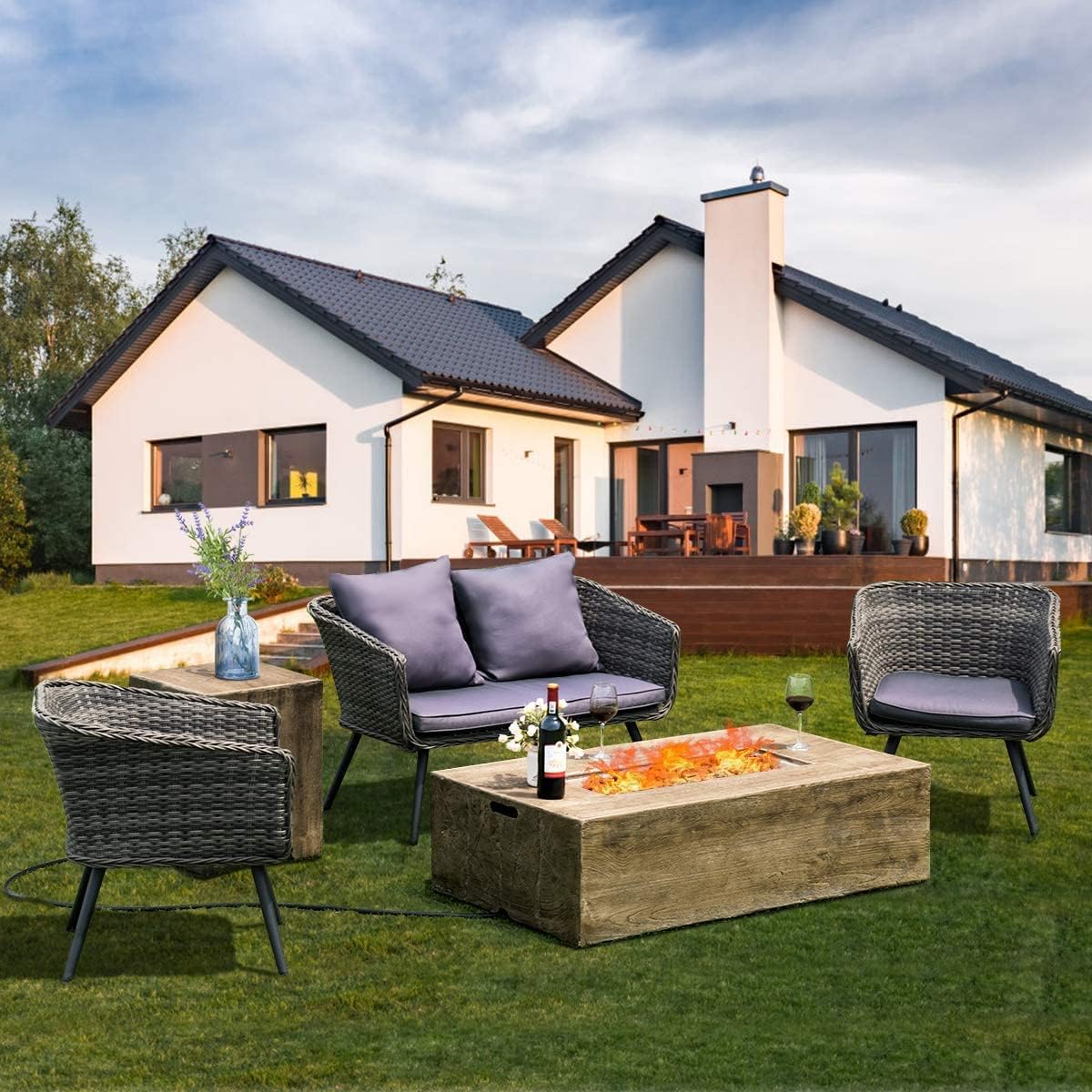 Topment 48-Inch Propane Fire Pit Set, 50,000 BTU Rectangular Gas Fire Pit Table with Lava Rocks, Waterproof Cover, Patio Rustic Outdoor Fireplace with Adjustable Flame, Propane Tank Holder Included