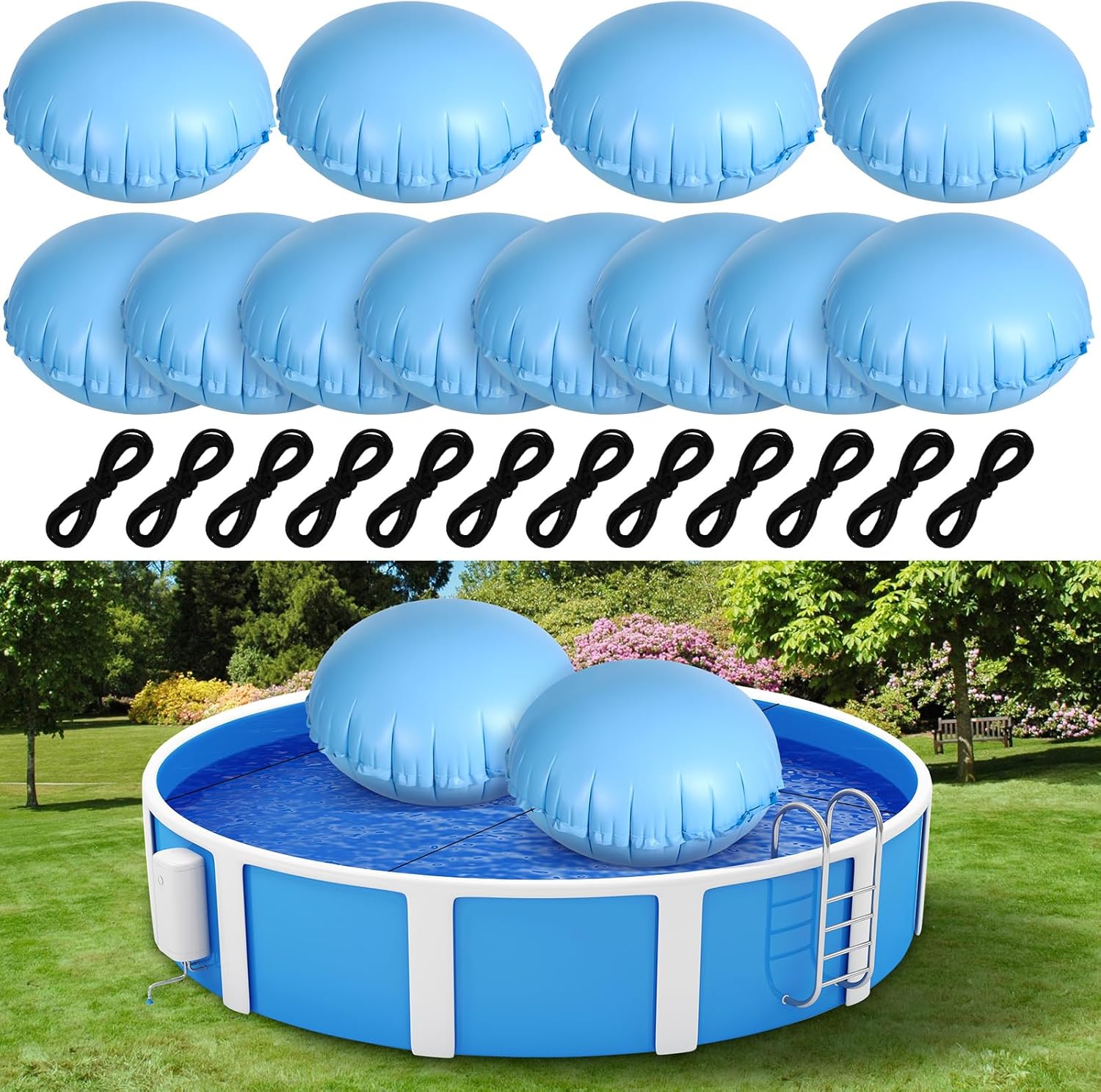 Hungdao 12 Pcs Pool Pillows for Above Ground Pools Cover Balloon Winterizing 4 x 4 ft Inflatable Air Pillow Float with Ropes PVC Ice Equalizer Closing Winter Swimming Ball Accessories