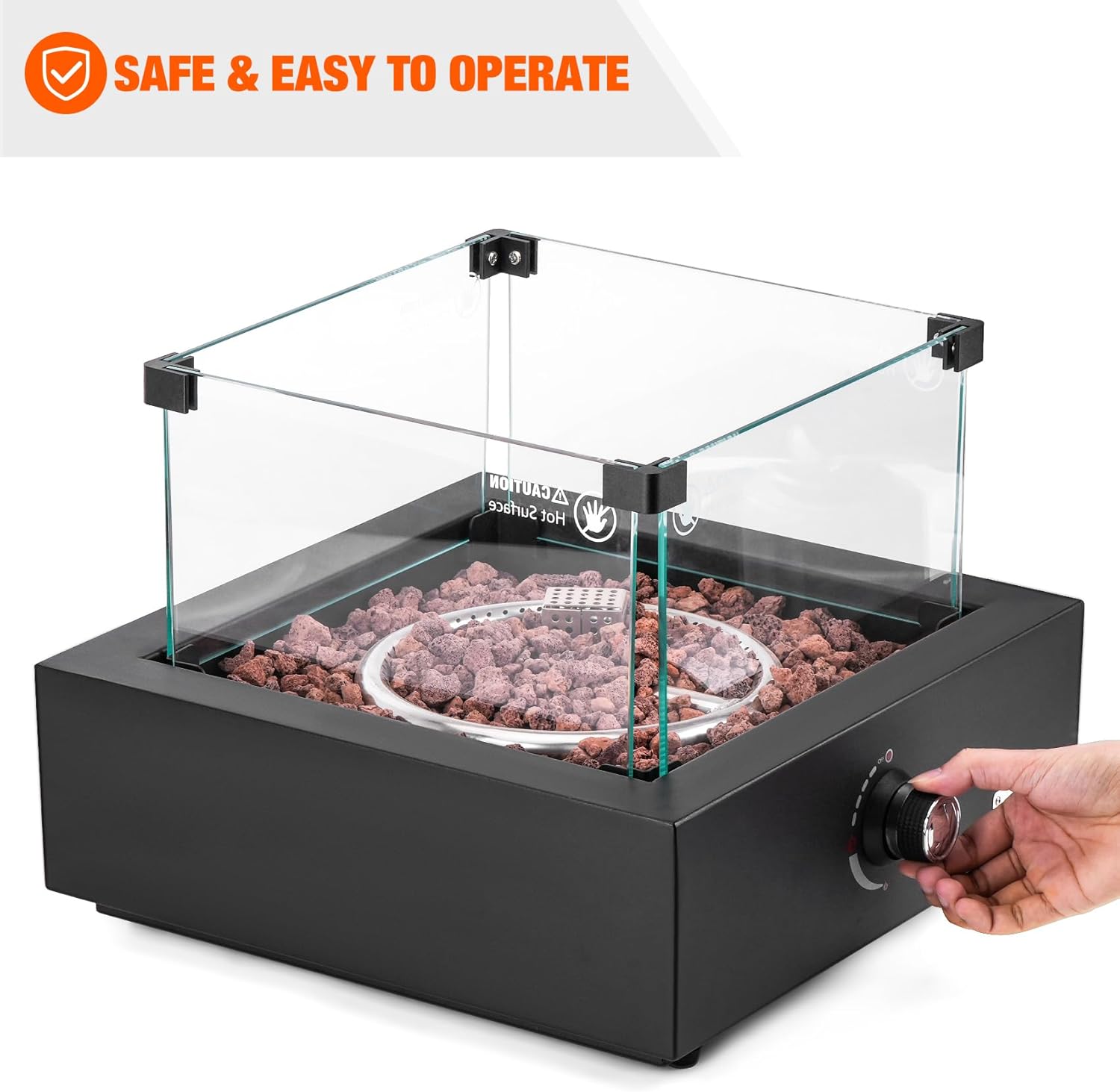 ONLYFIRE OUTDOOR LIVING Propane Gas Fire Pit with Glass Wind Guard & Lava Rocks, Portable Smokeless Gas Firepit Side-Mounted for Patio Backyard Camping Bonfire RV Tailgating, Square FP040